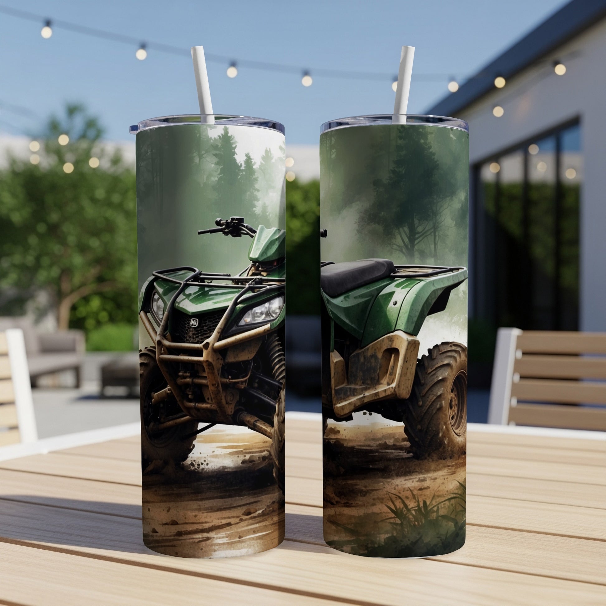 Green ATV on a muddy trail, shown on two tumblers.