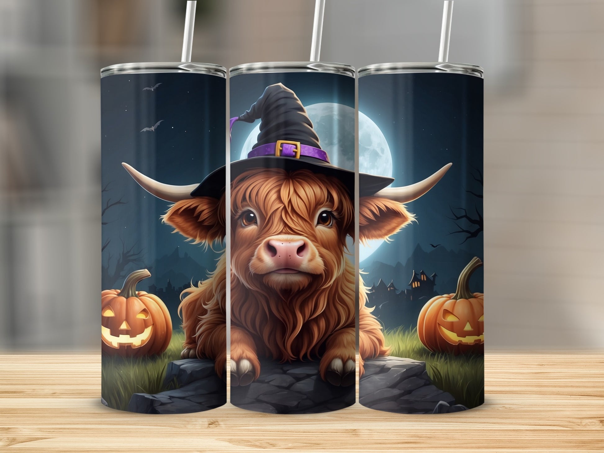Highland cow wearing a witch hat with pumpkins on Halloween night.