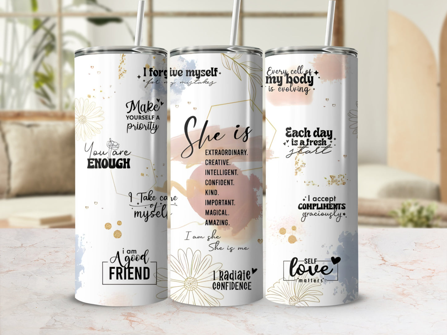 Tumbler with inspirational quotes about self-worth and confidence.