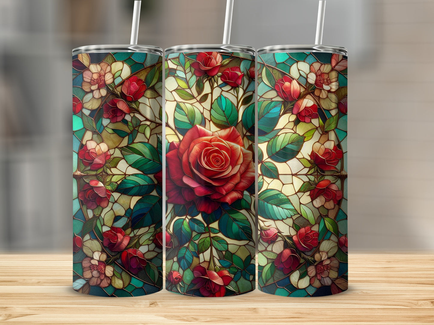 Three tumblers with a stained glass rose and floral pattern.