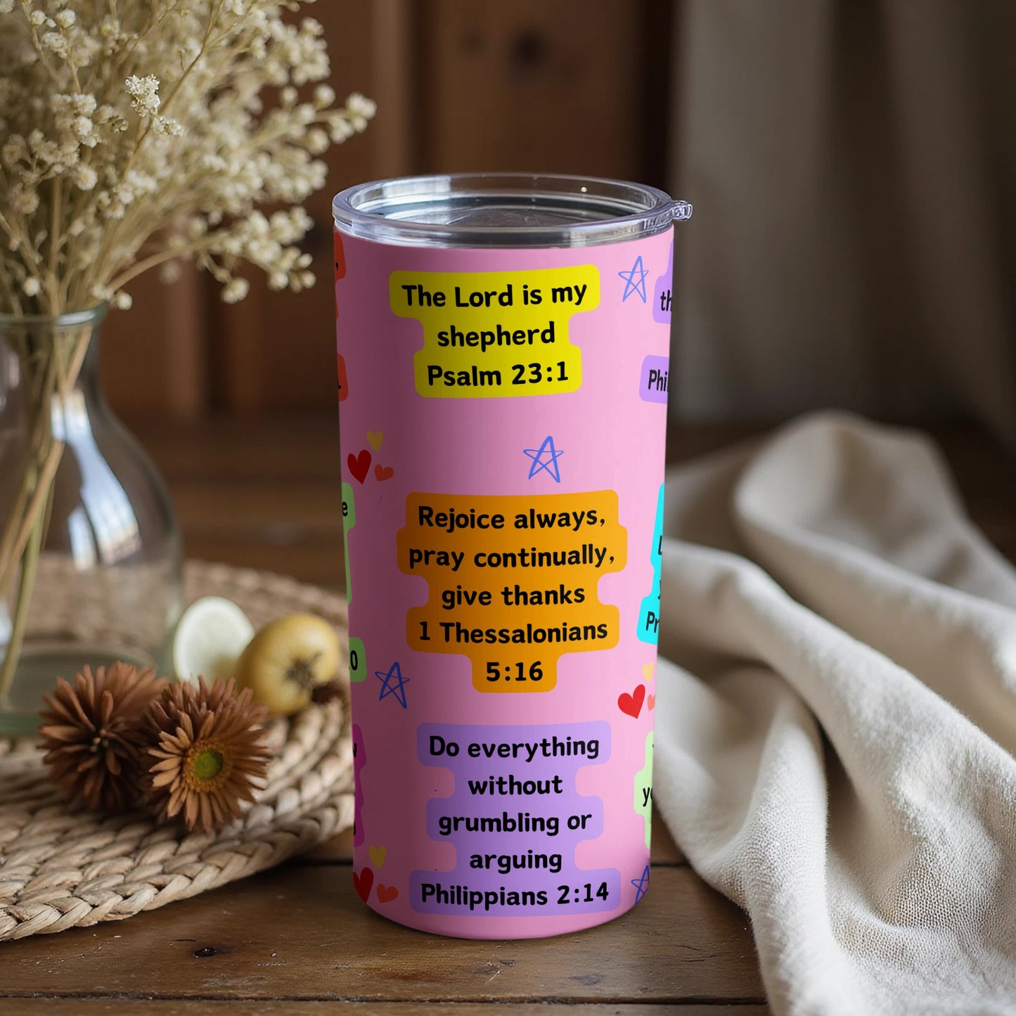 Inspirational Bible Verse Pink Tumbler Travel Mug
