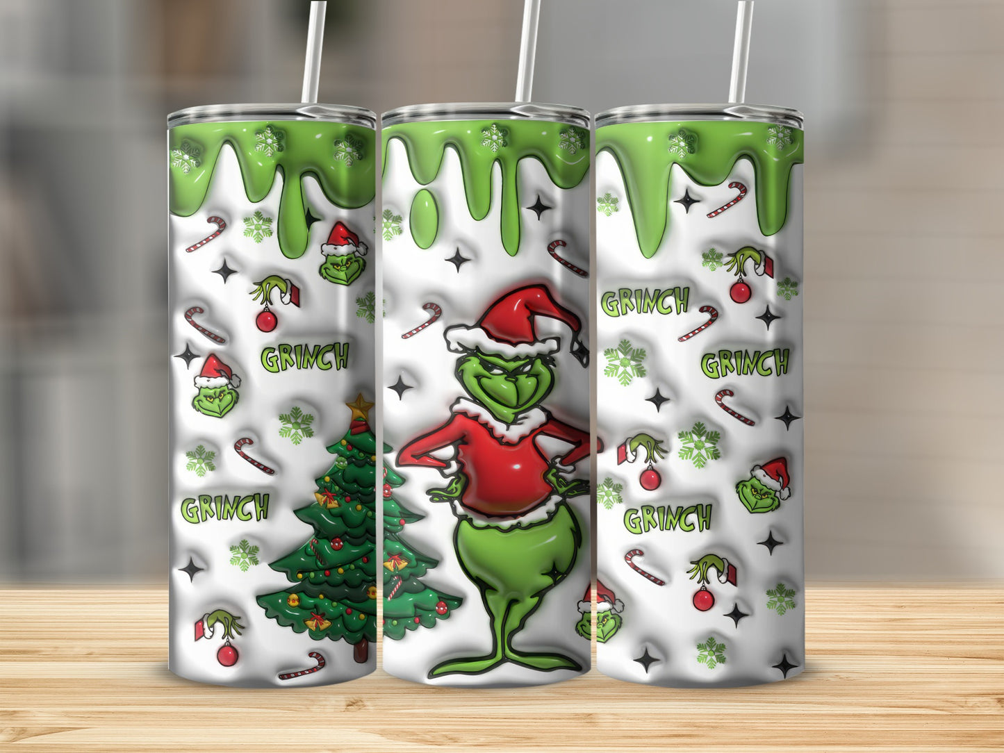 Grinch Christmas Themed Tumbler with Straw 20 oz