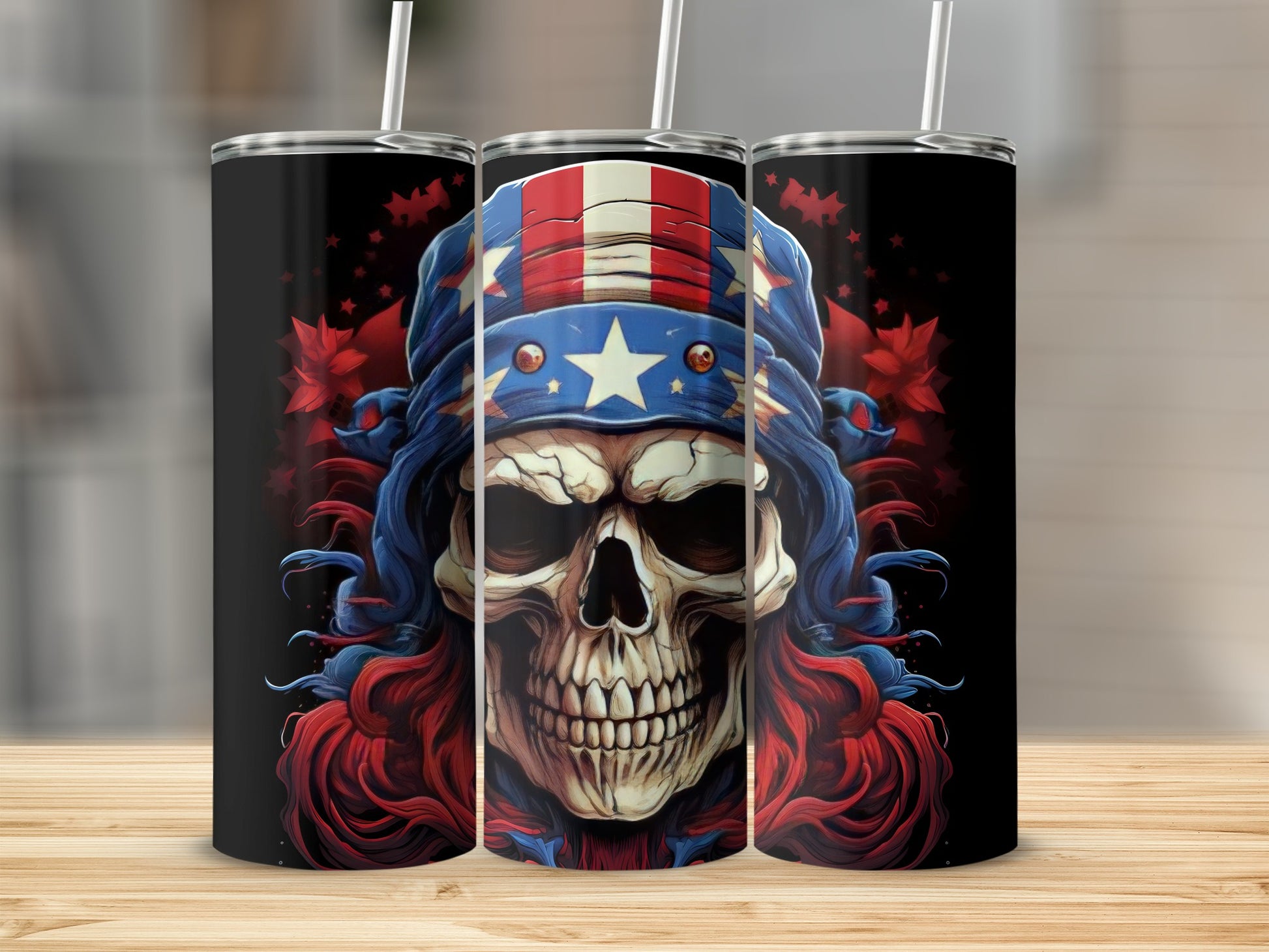 Skull with patriotic red, white, and blue hair and stars.