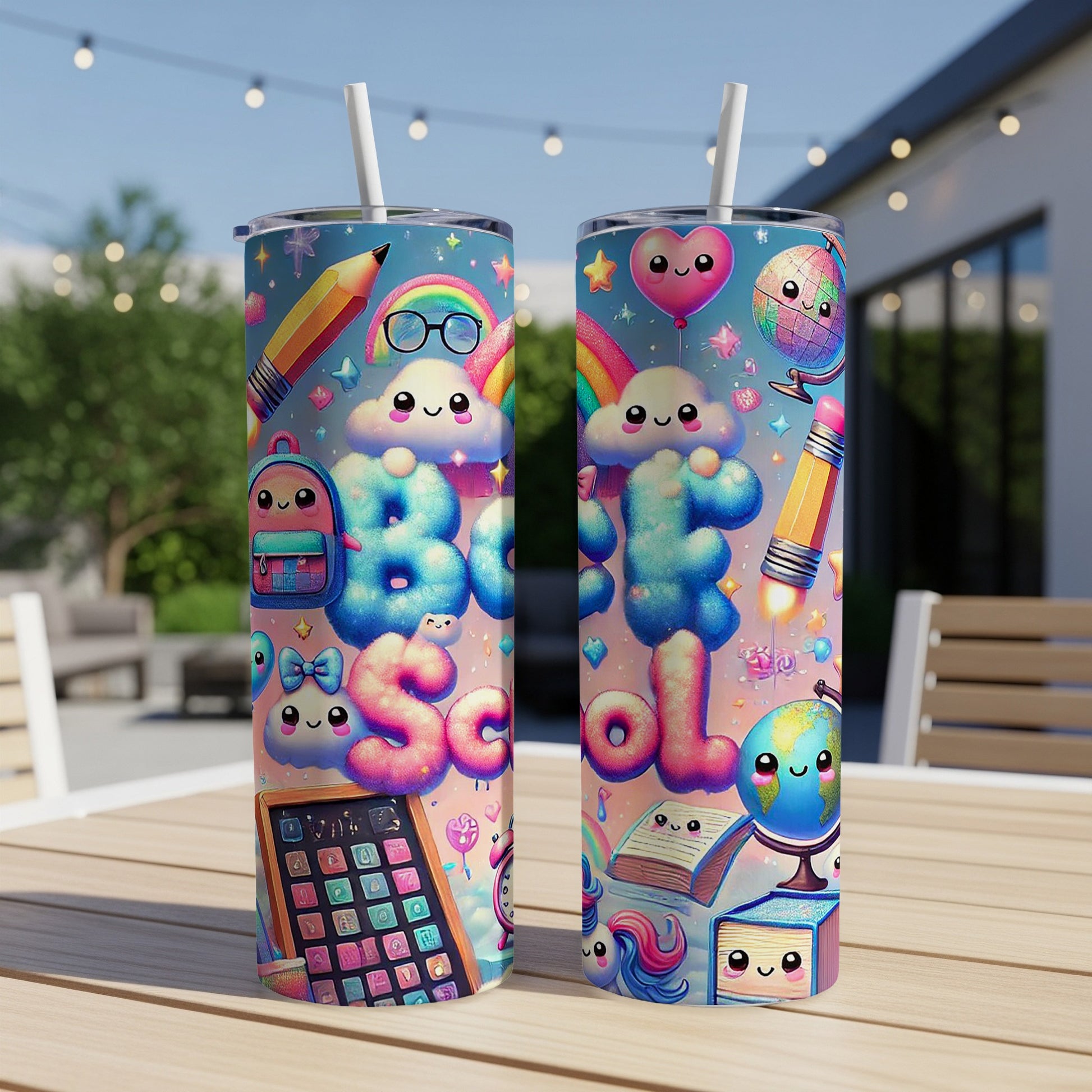 Two tumblers with "Back to School" text and cute, colorful school supplies cartoons.