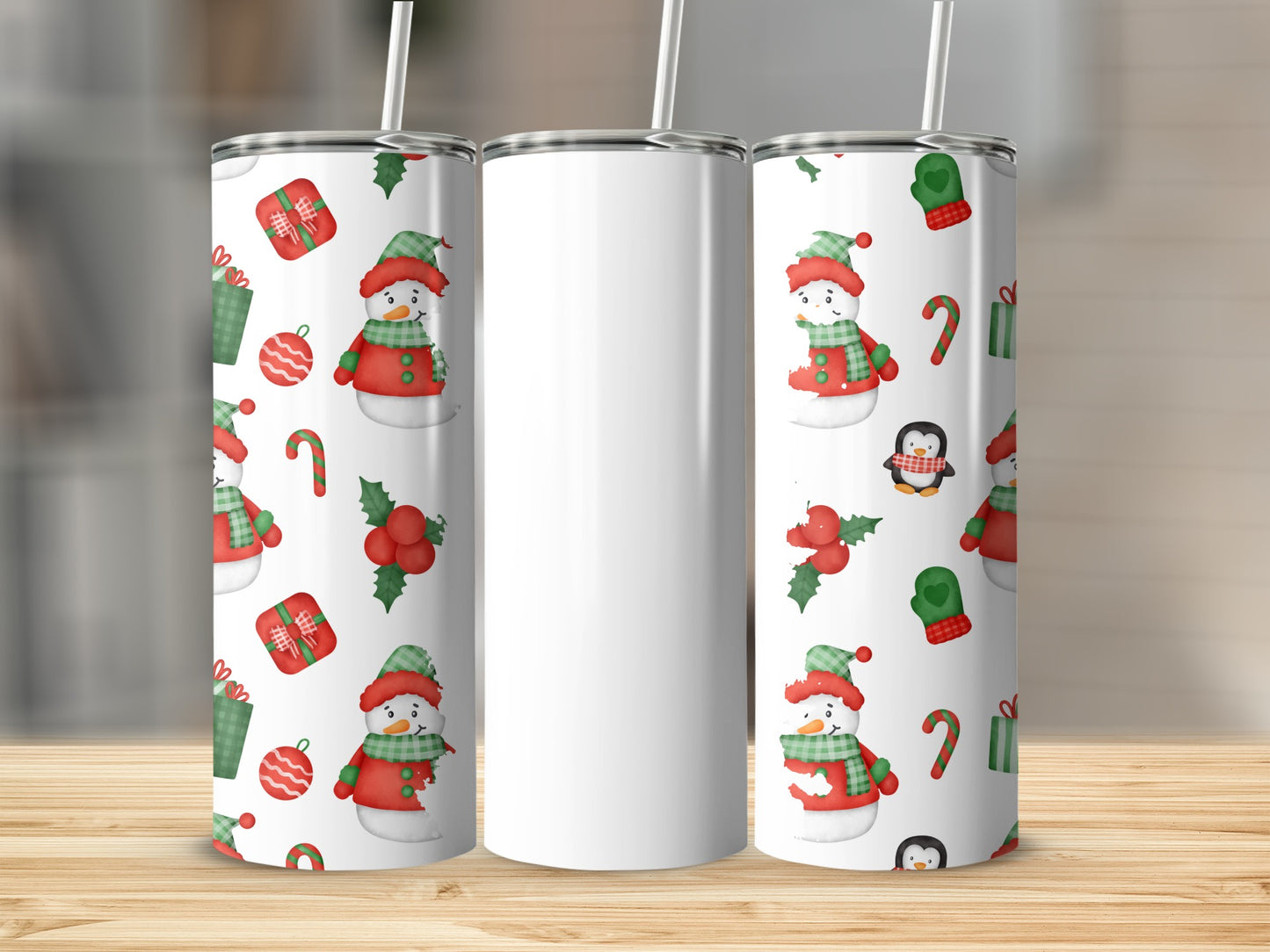 Festive Snowman Penguin Christmas Tumbler with Straw