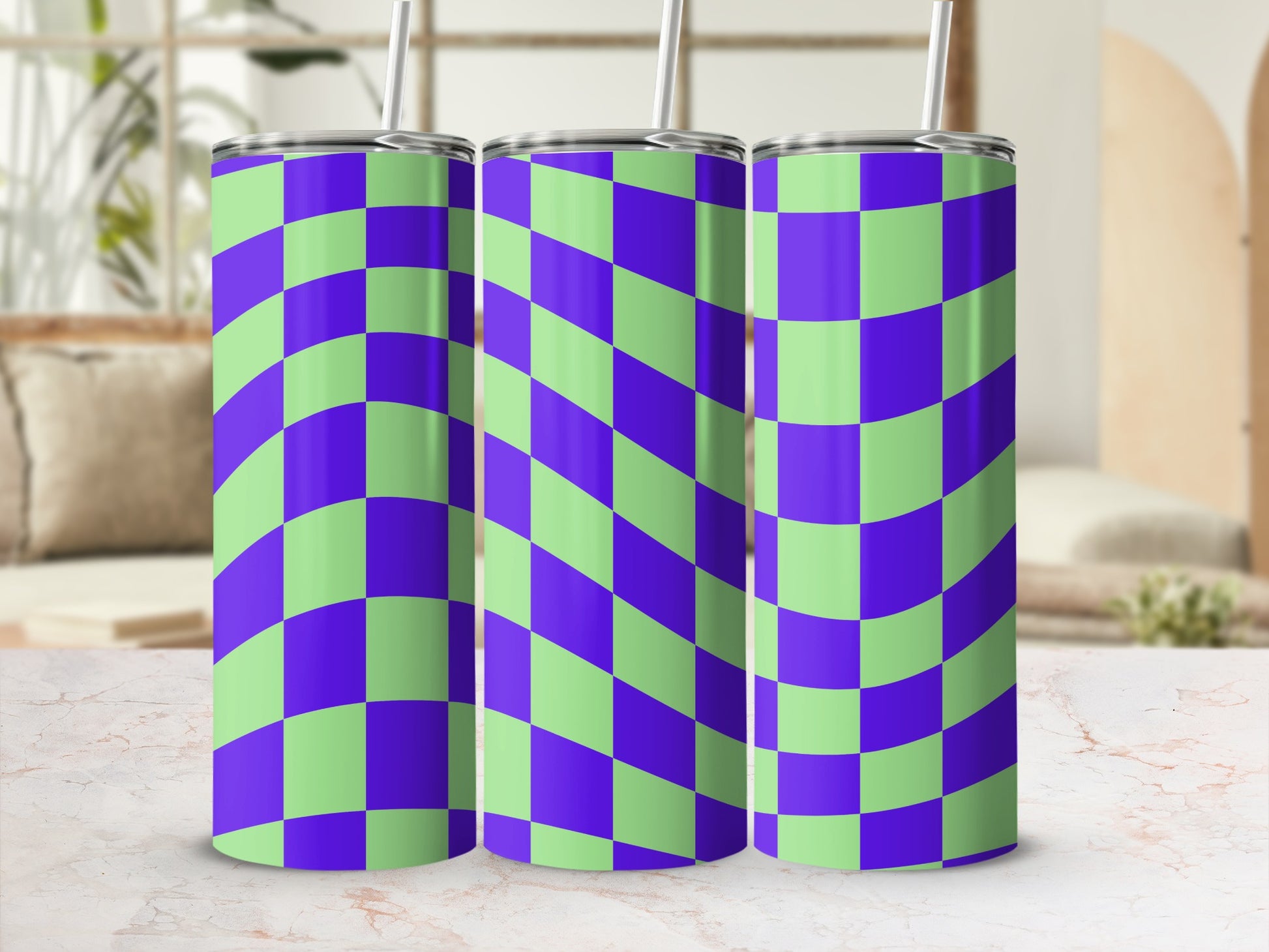 Three tumblers with a green and purple checkerboard pattern.