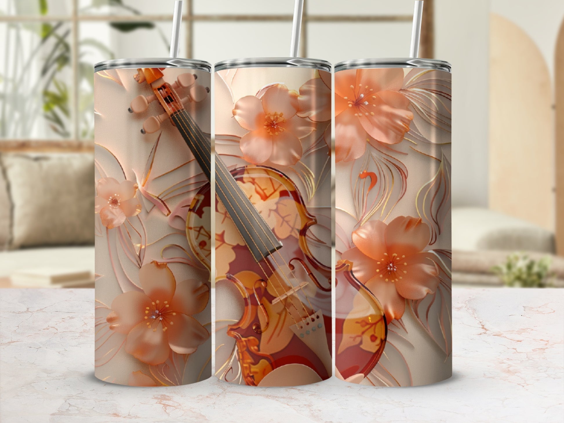 Three tumblers with a floral violin design and textured peach background.