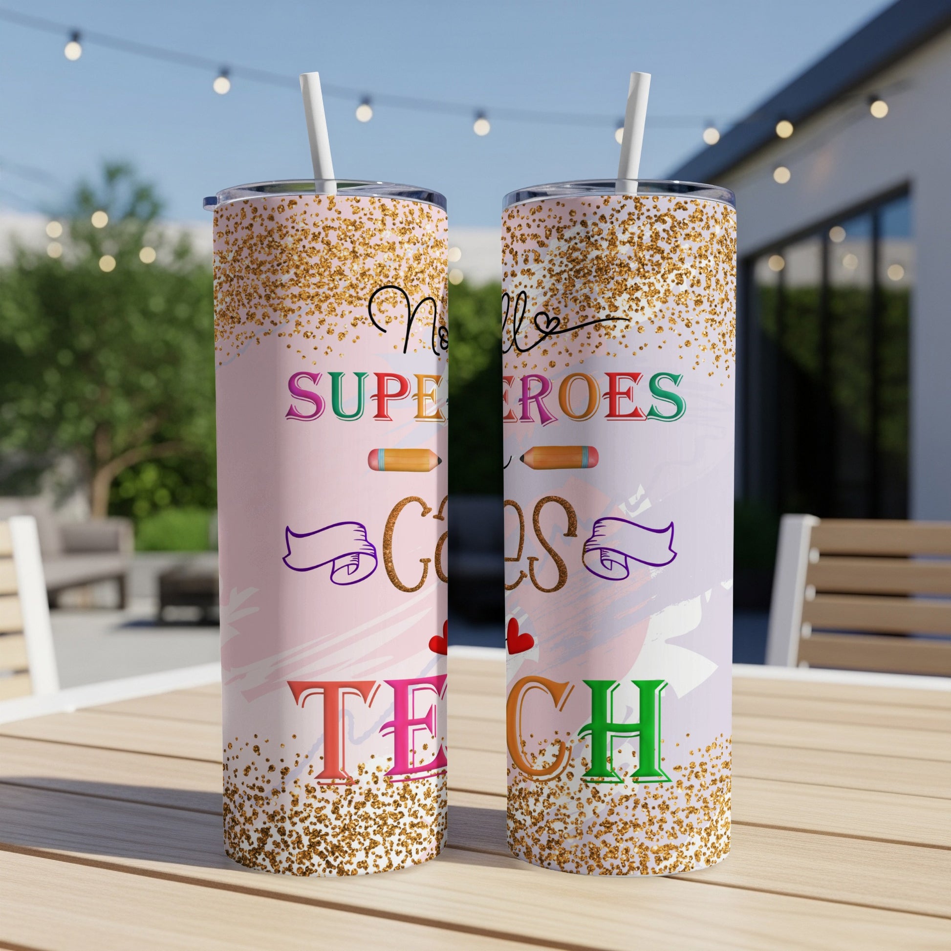 "Nerdle is Gods Teach" text on a pink tumbler with glitter accents.