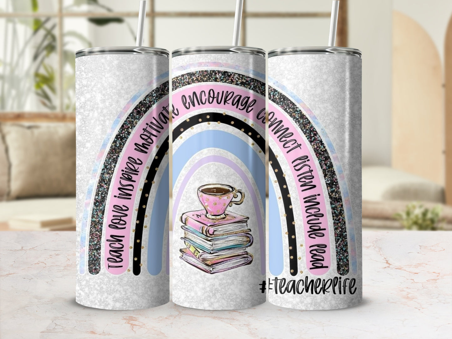 Teacherlife Rainbow Design with Books and Tea Tumblers