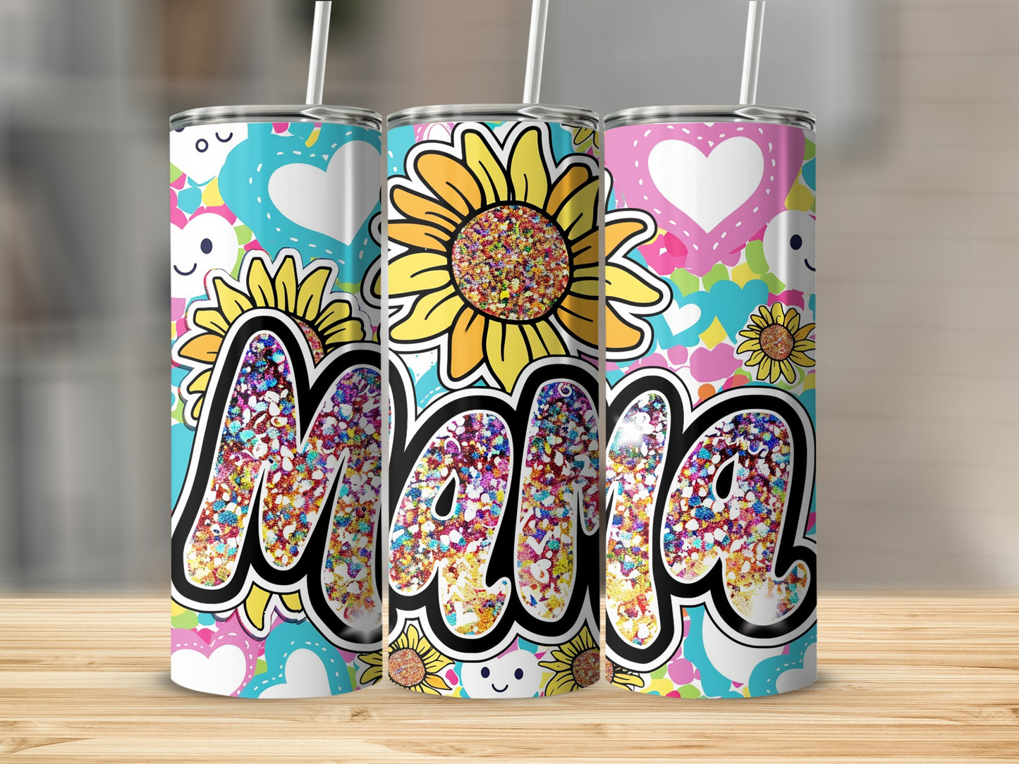 Colorful Sunflower and Heart Mama Design Tumbler