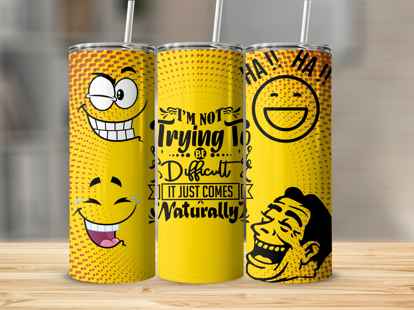 Funny Yellow Tumbler with Cartoon Faces and Sayings
