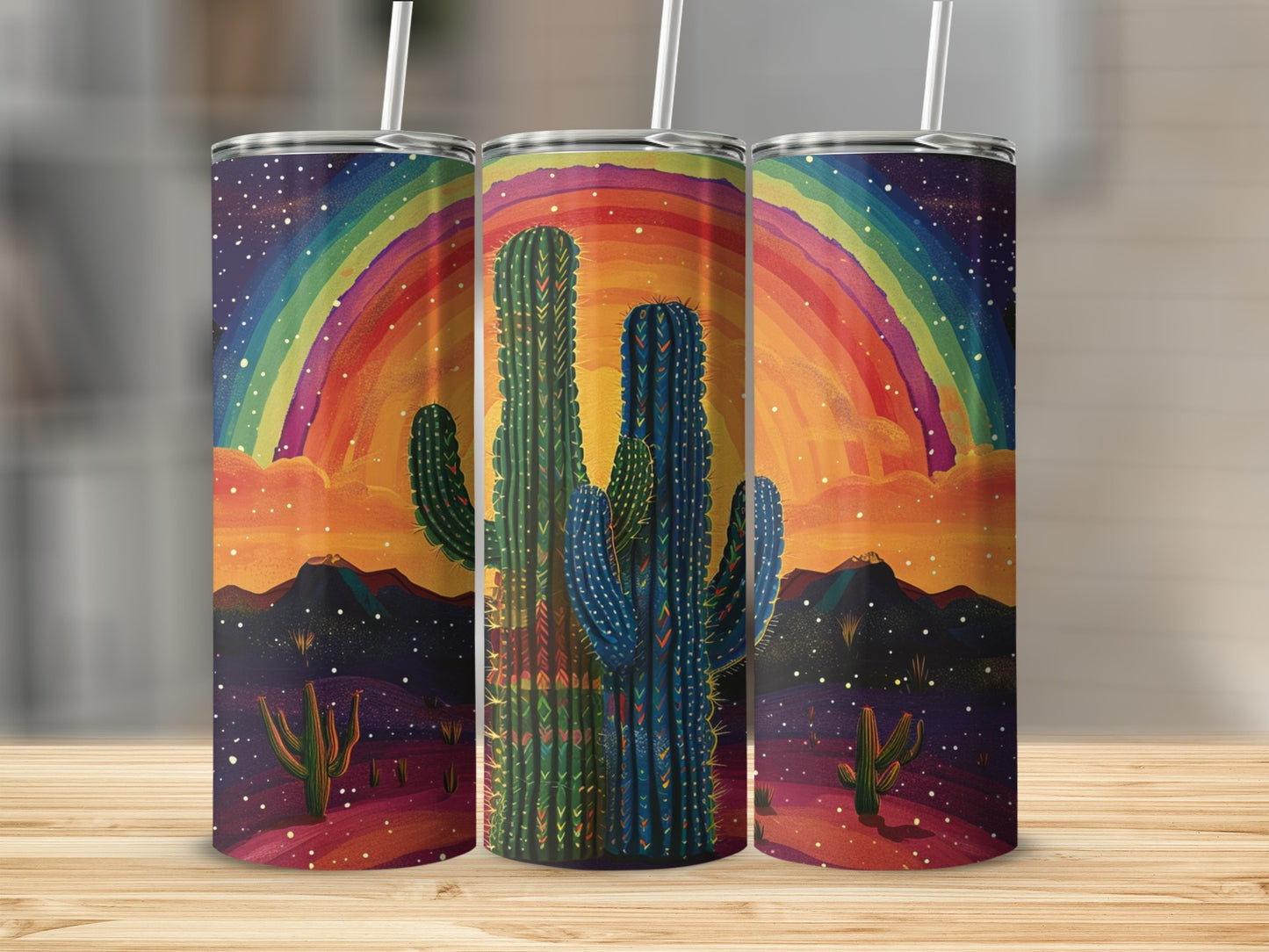 Three tumblers featuring a desert rainbow and cactus scene.