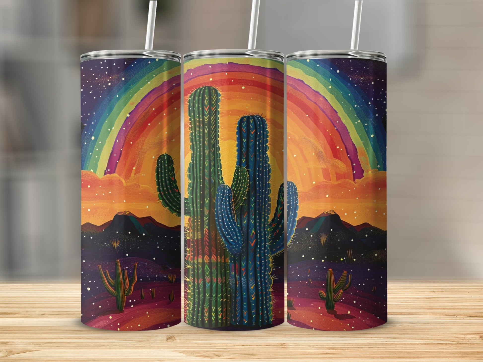 Three tumblers featuring a desert rainbow and cactus scene.