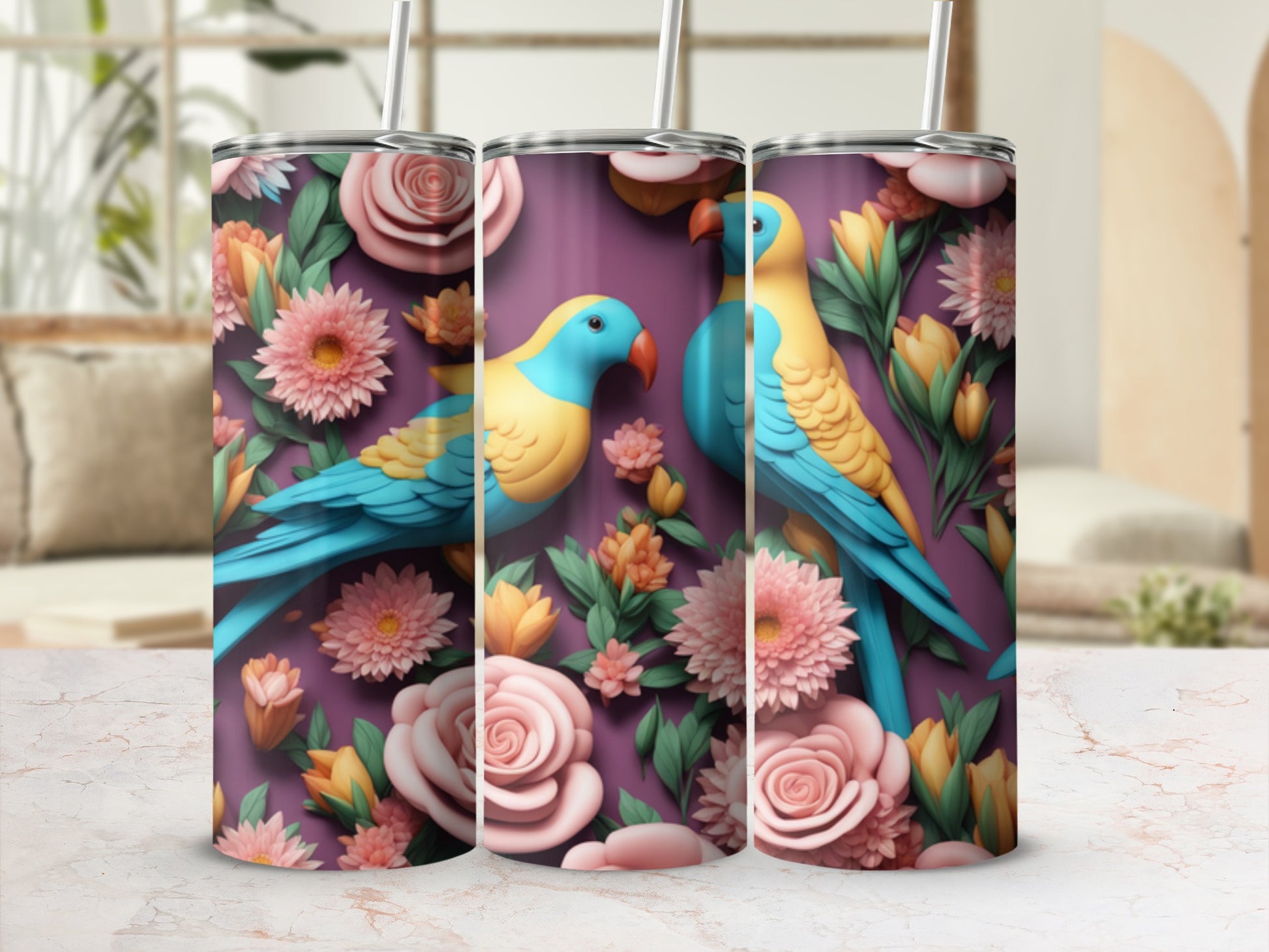 Two parakeets surrounded by colorful flowers on a purple background.