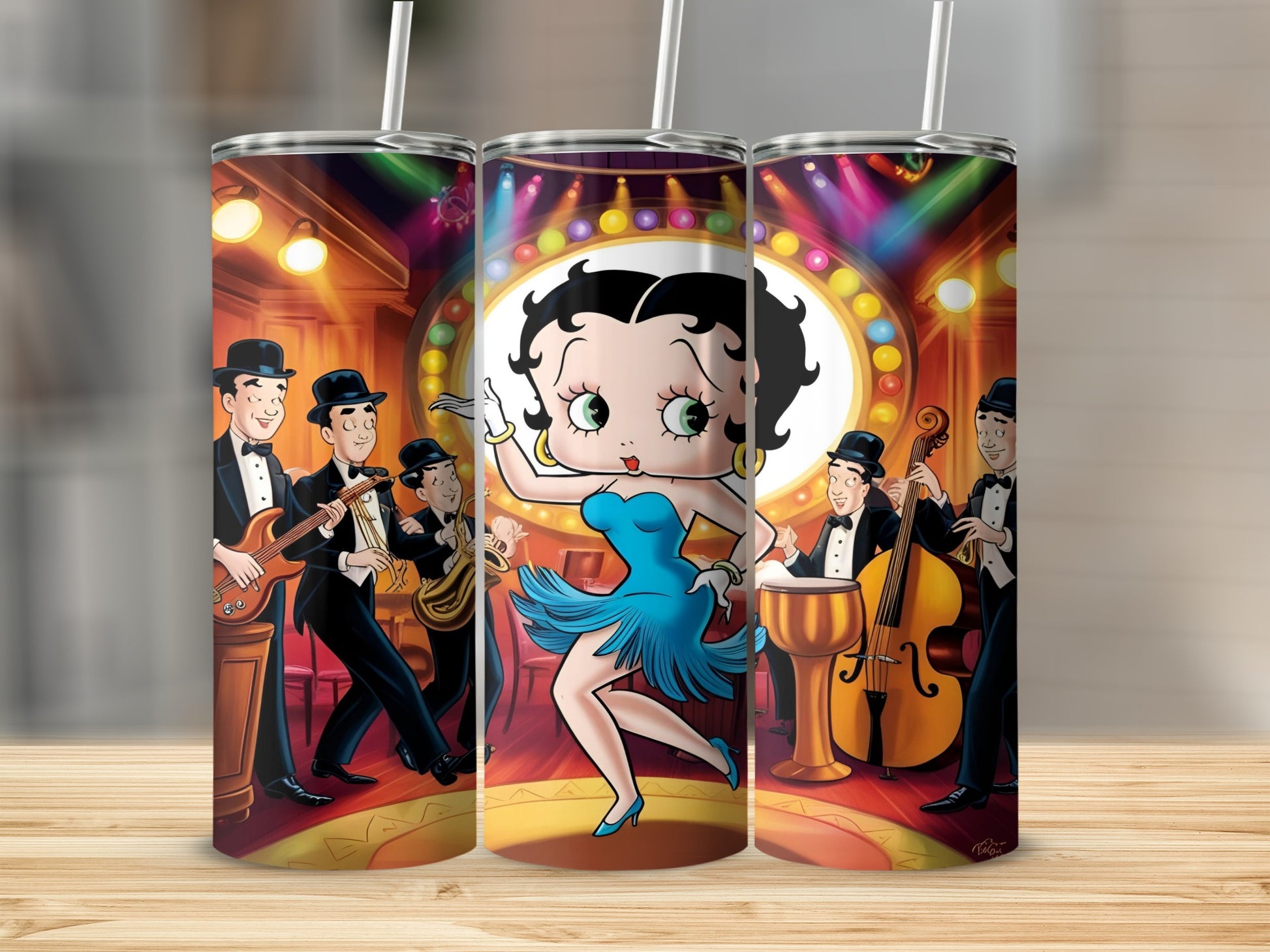 Betty Boop dancing center stage with a jazz band behind her.