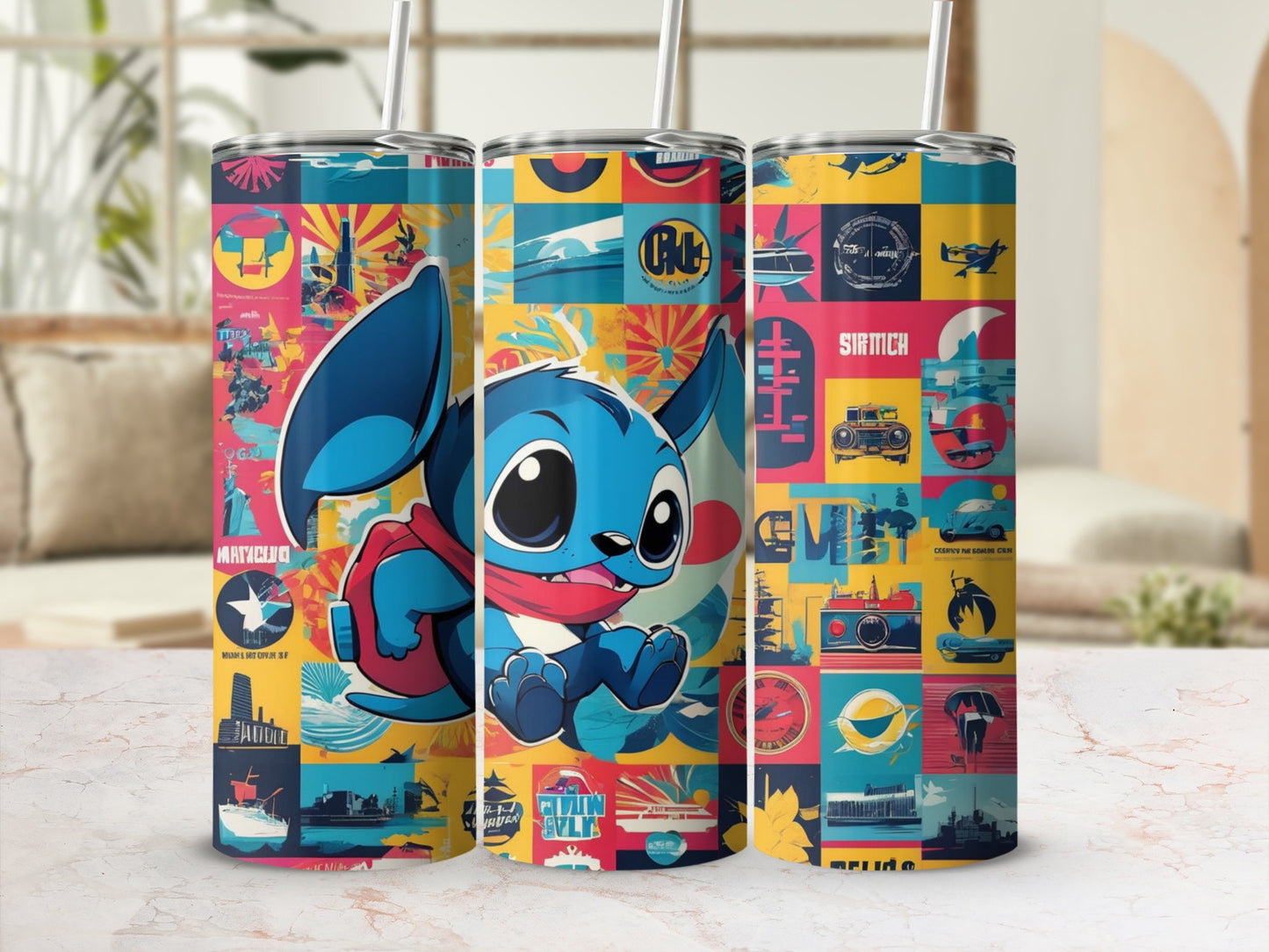 Stitch character on a colorful tumbler with abstract city and vehicle patterns.