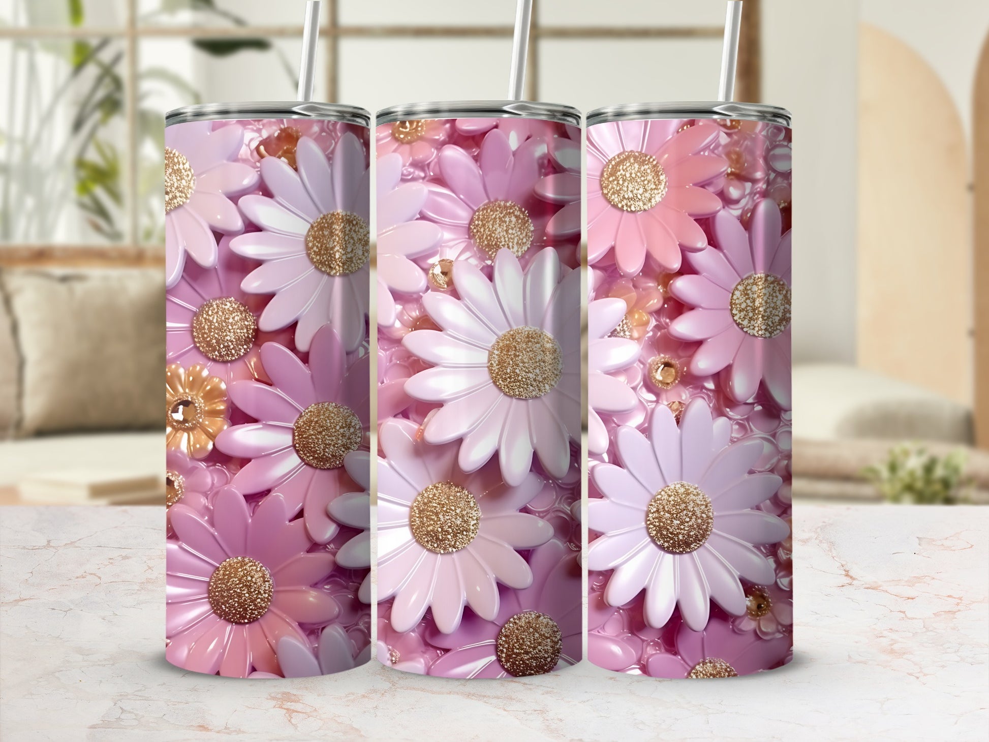 Pink and purple floral patterned tumbler with glitter accents.