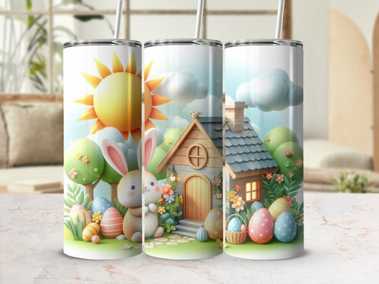 Easter tumbler design with bunnies, eggs, sun, and a house.