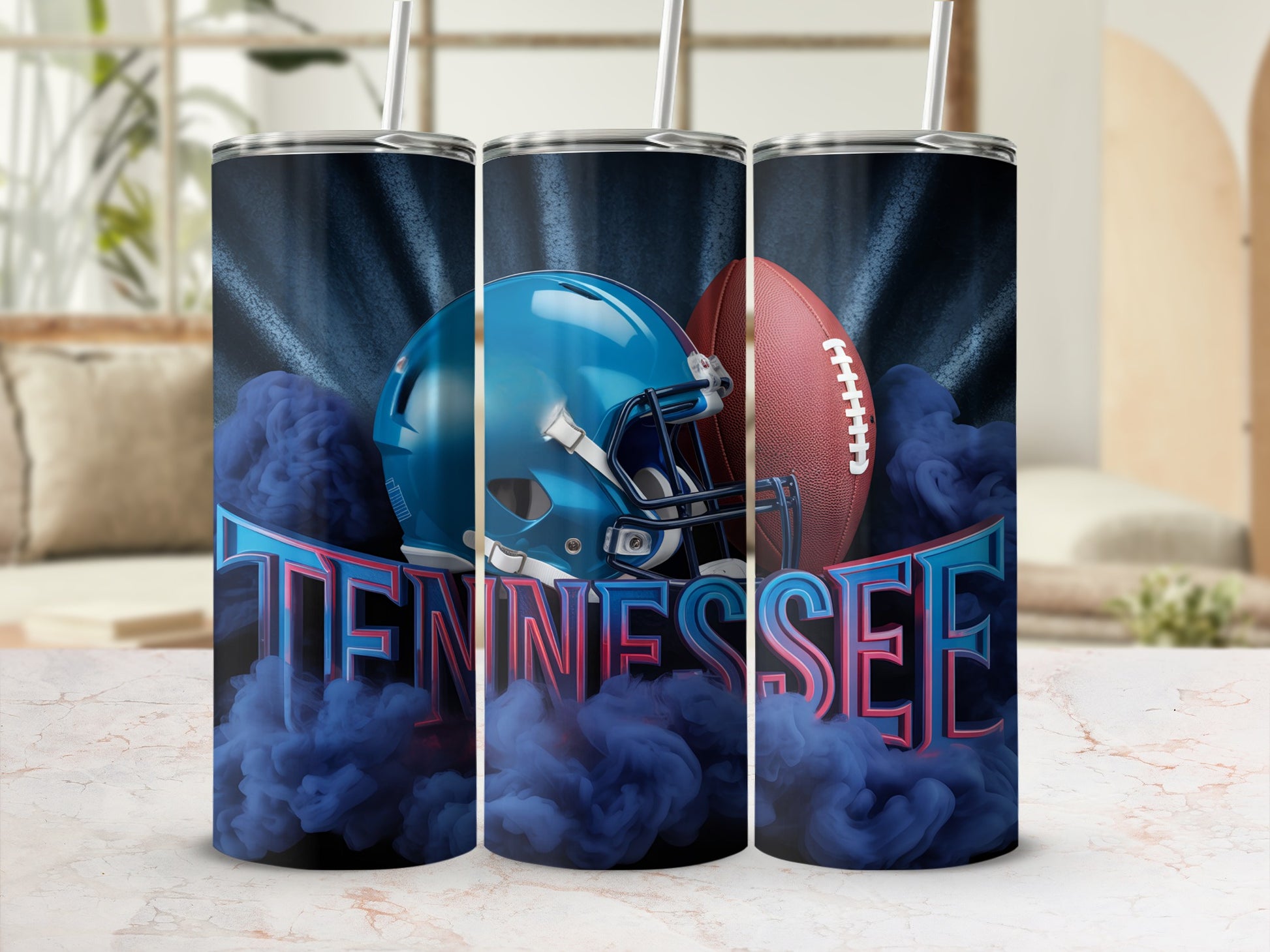 Three tumblers with a Tennessee Titans football helmet and ball design.