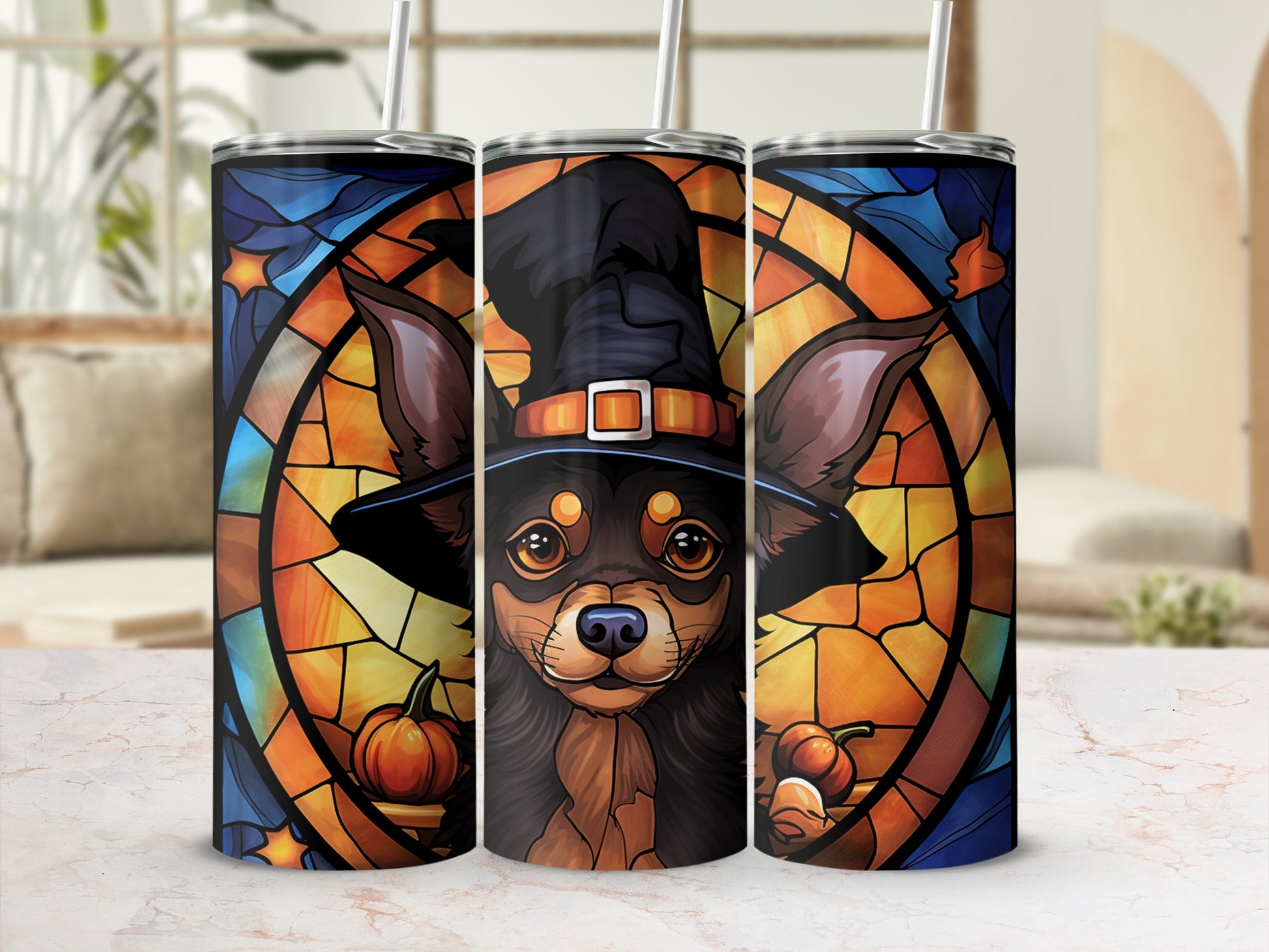 Chihuahua in witch hat with pumpkins against stained glass background.