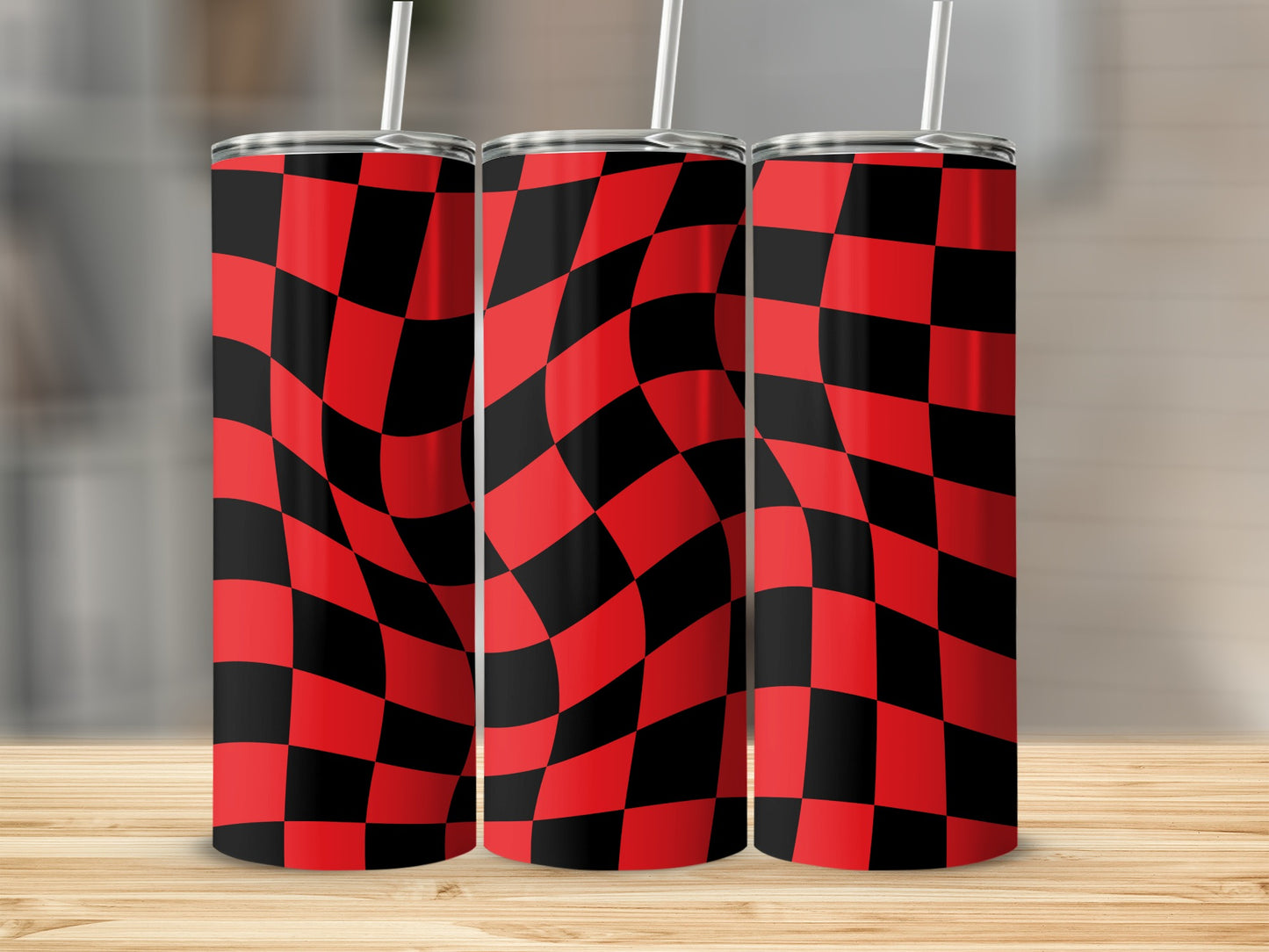 Three tumblers with a red and black checkered warp pattern.