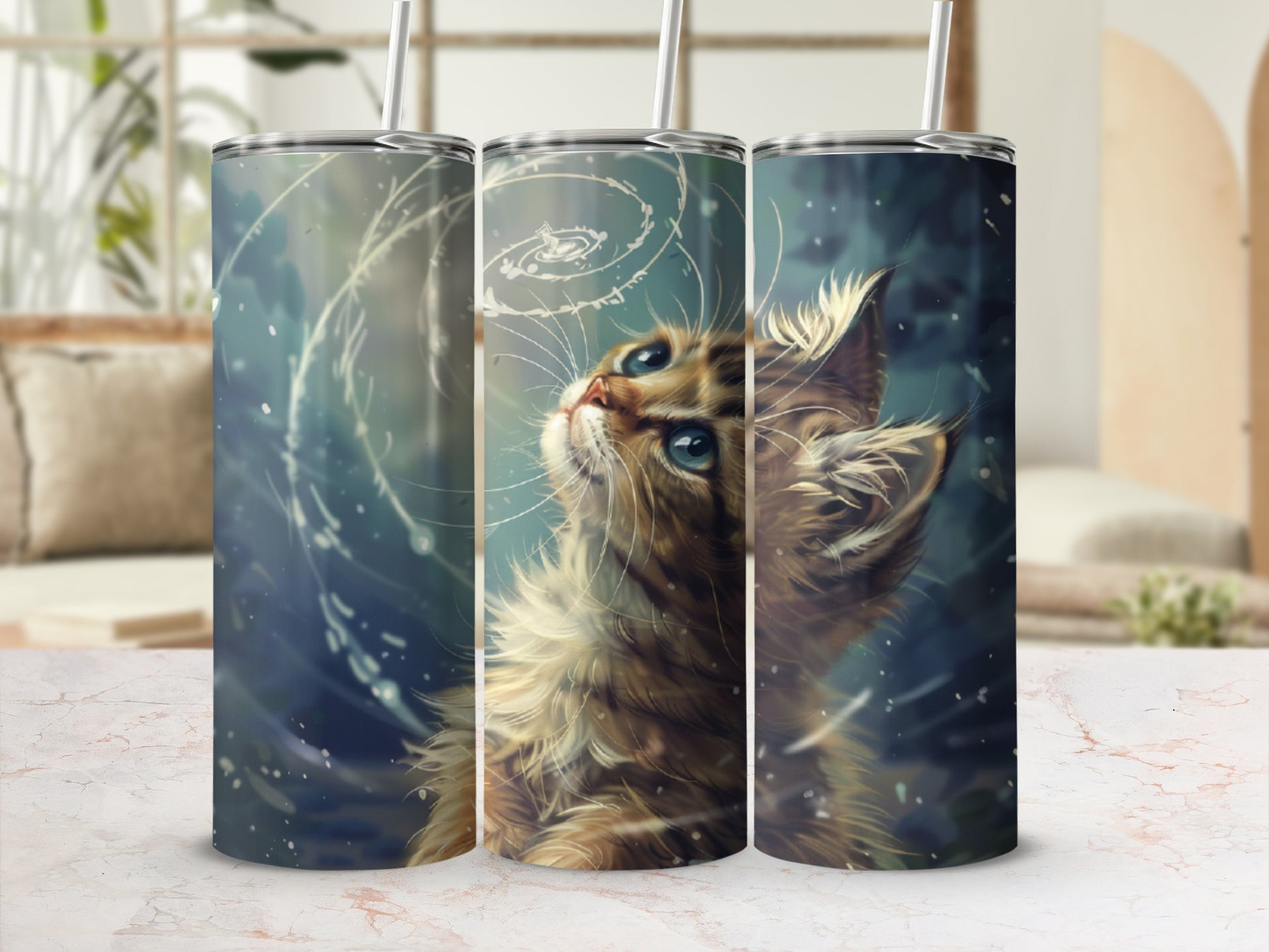 Three tumblers featuring a close-up painting of a fluffy cat looking up.