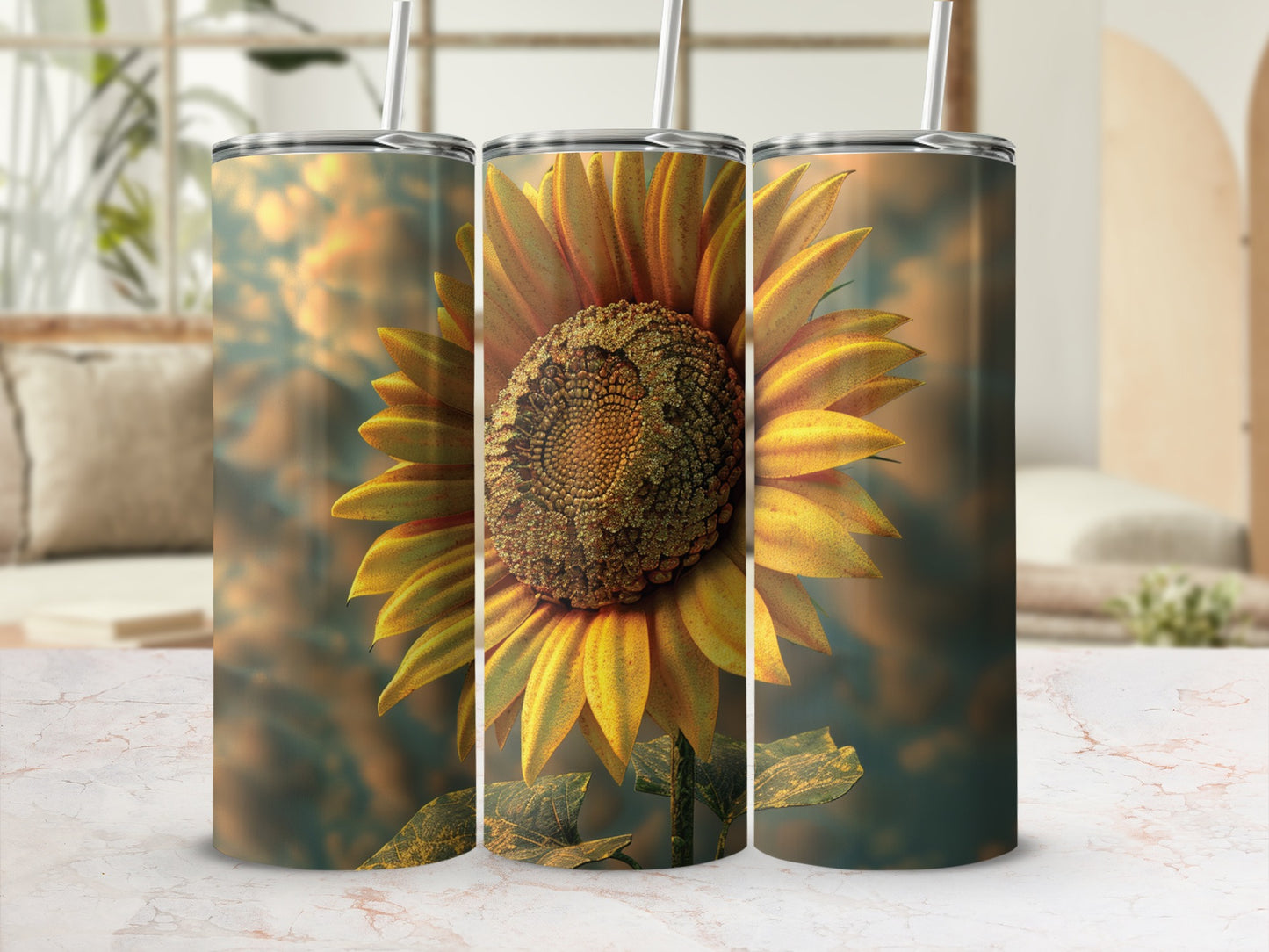 Three tumblers featuring a close-up of a sunflower on a blurred background.