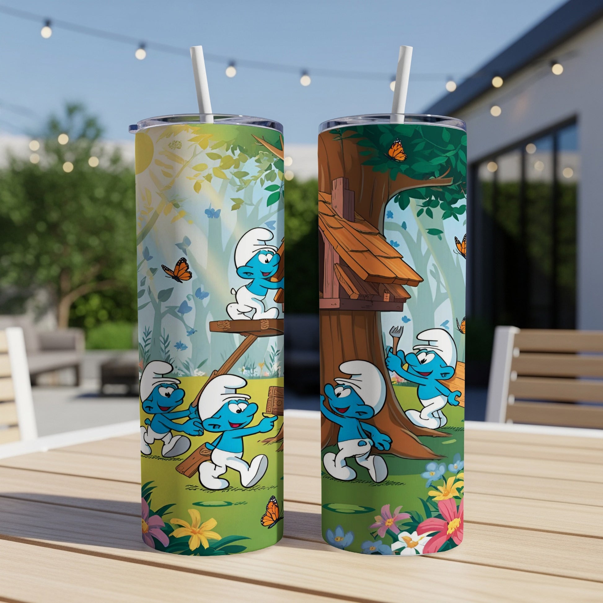 Two Smurfs tumblers featuring woodland scenes and Smurfs characters.