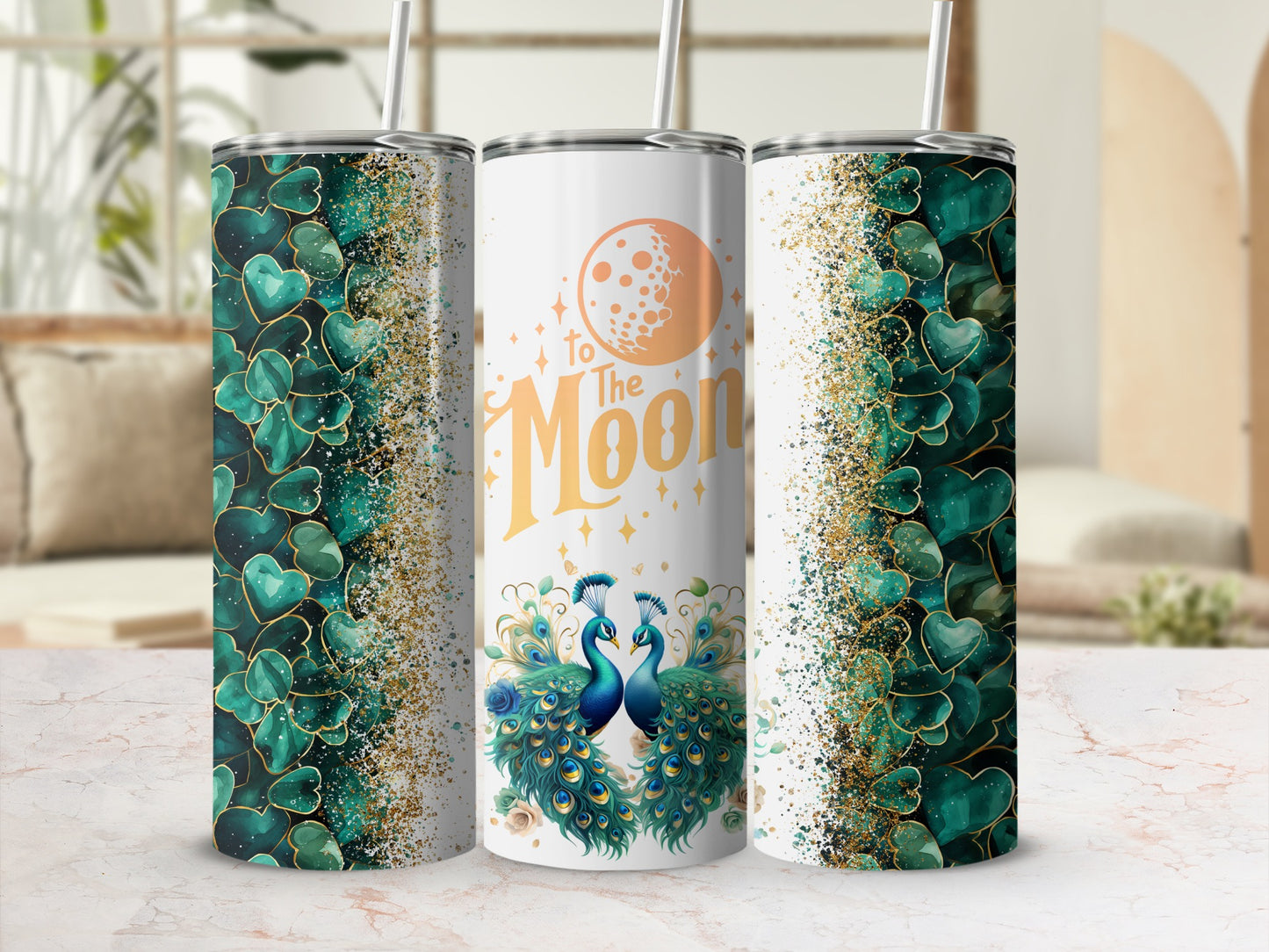 To The Moon Peacock and Heart Design Tumbler