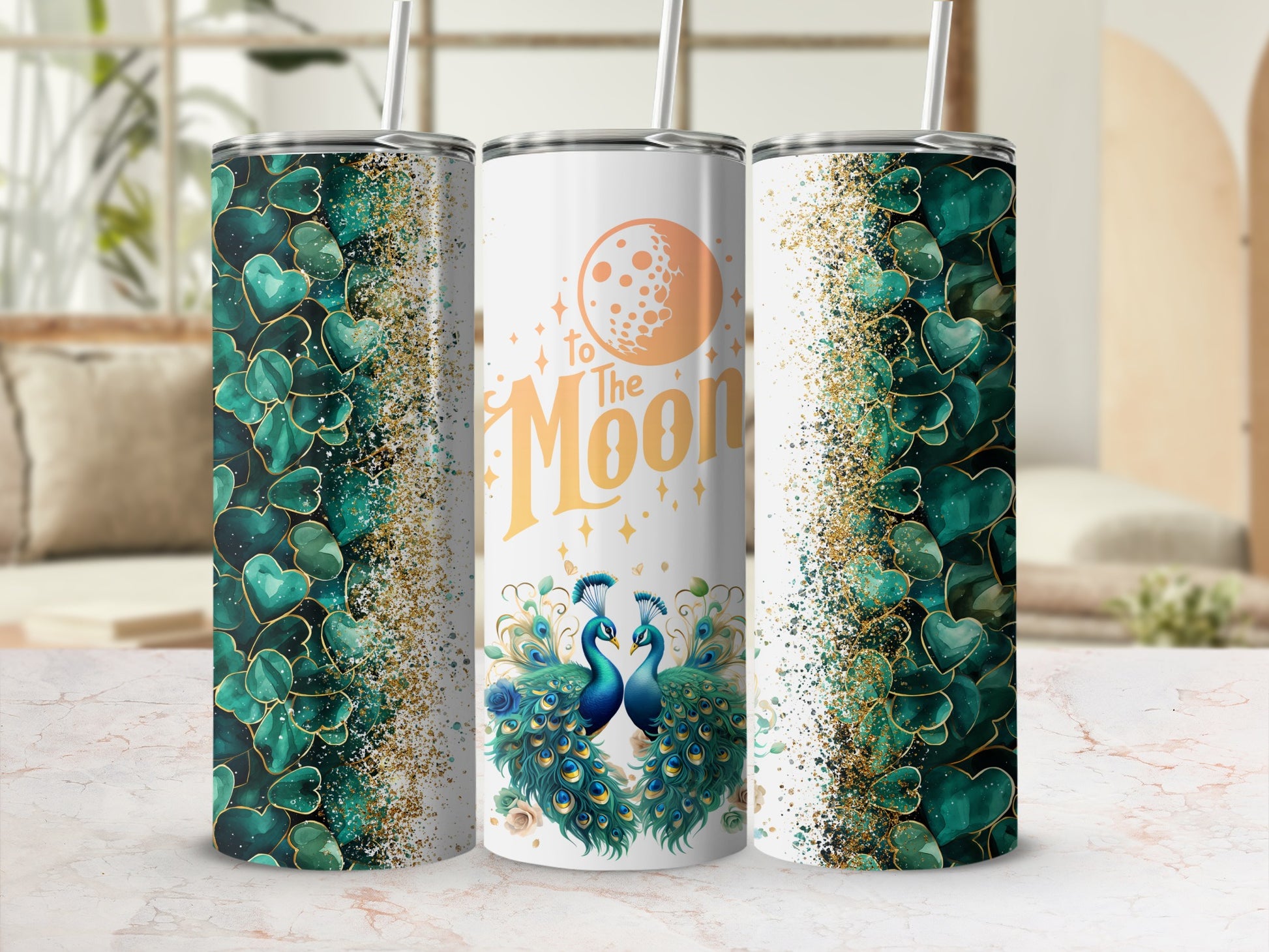 To The Moon Peacock and Heart Design Tumbler