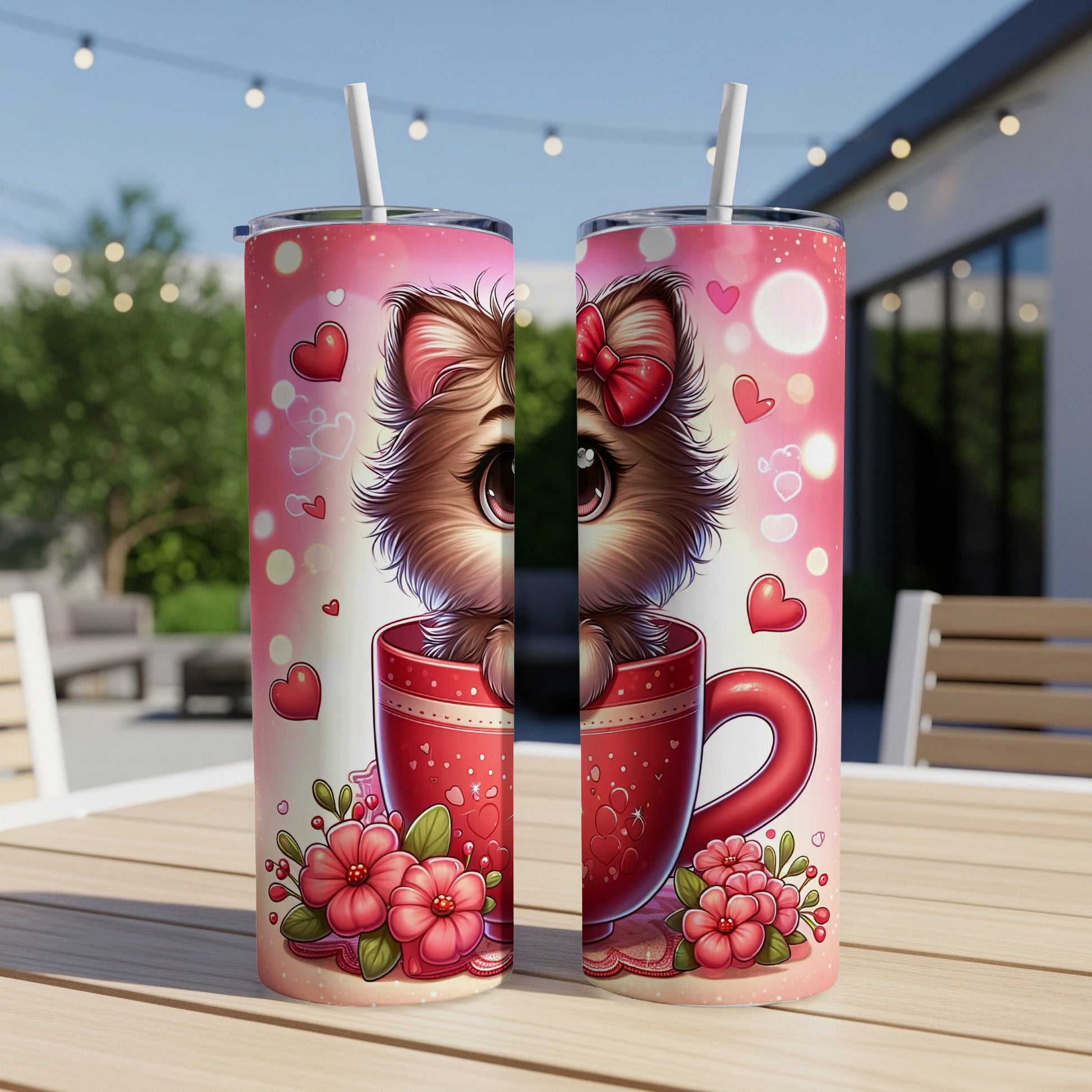 Two-sided tumbler with cute puppy in a red mug and floral accents.