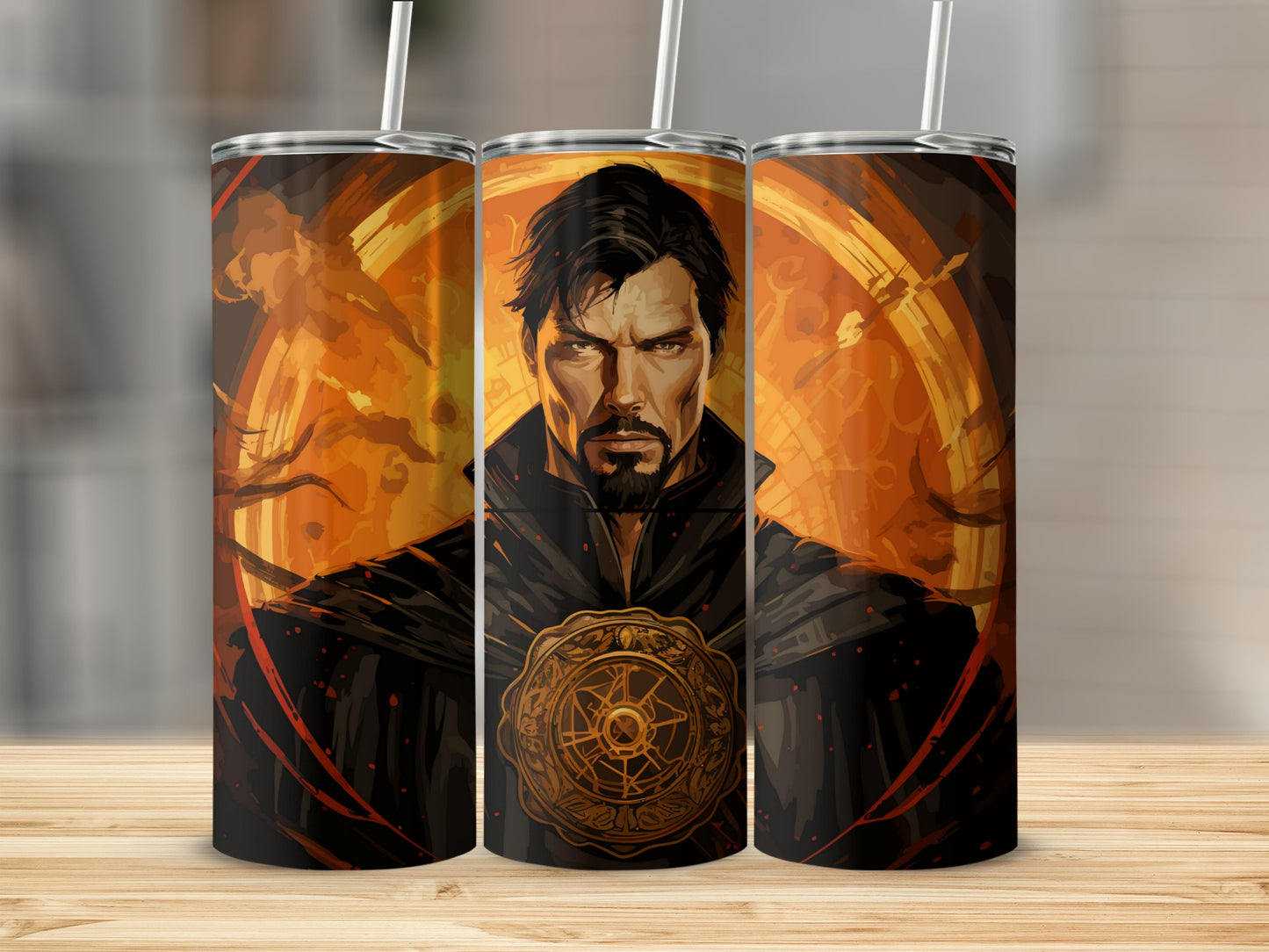 Mysterious Sorcerer with Fiery Background Tumbler Product