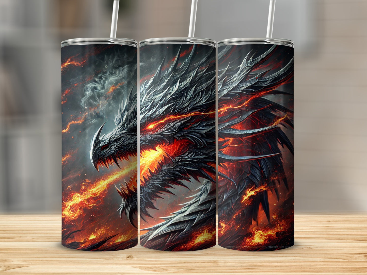 Fiery Dragon Artwork Tumbler with Straw Roaring Flames