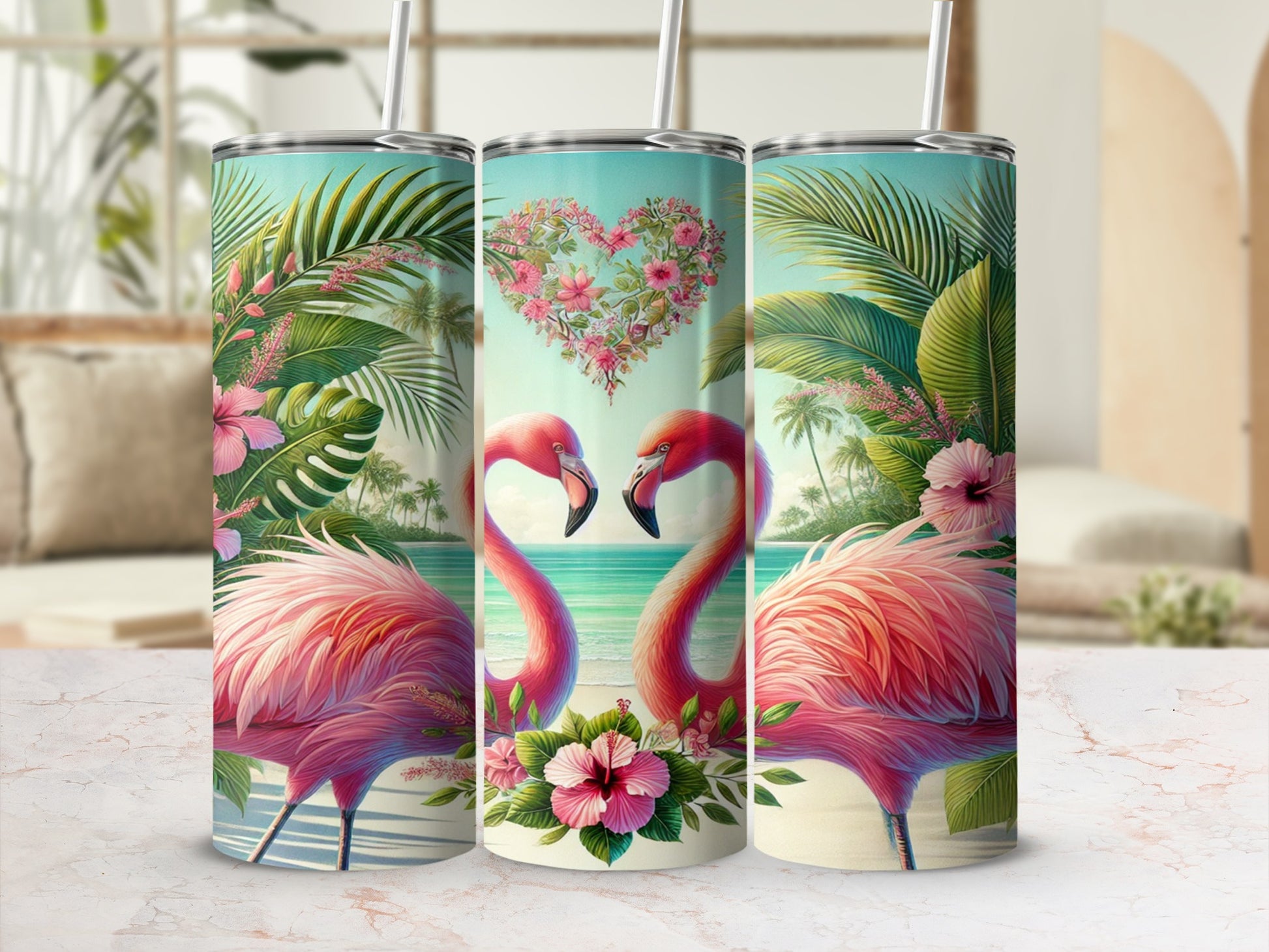 Tropical Flamingo Design Tumbler Flask with Straw