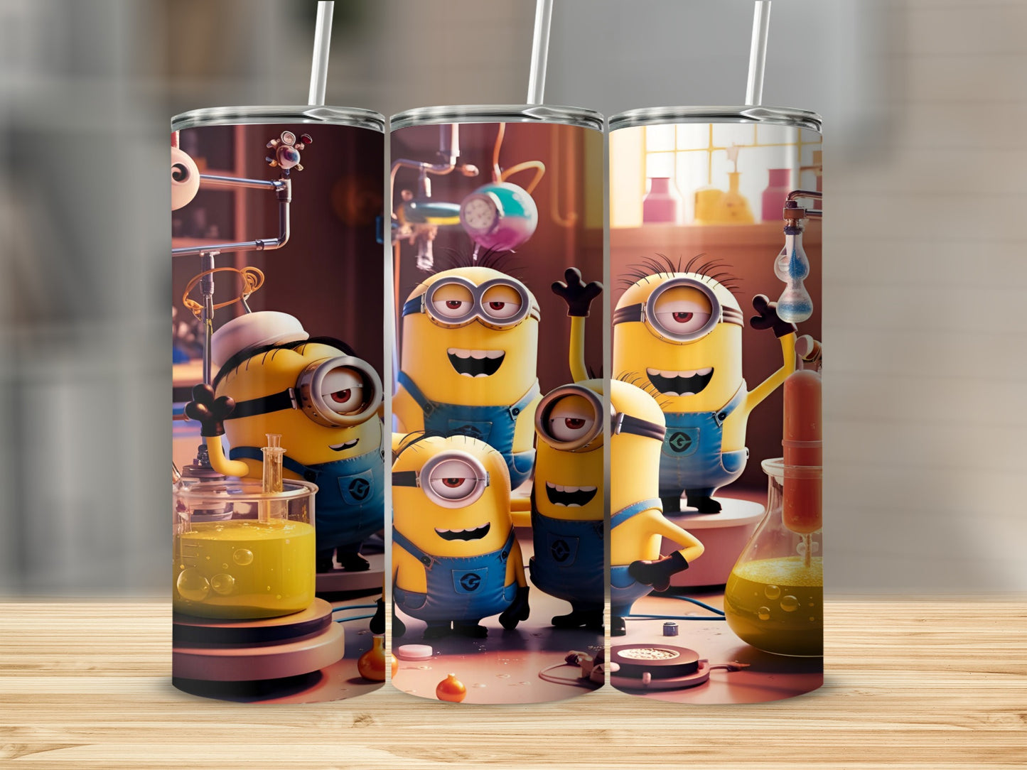 Minions in a science lab with beakers and test tubes.