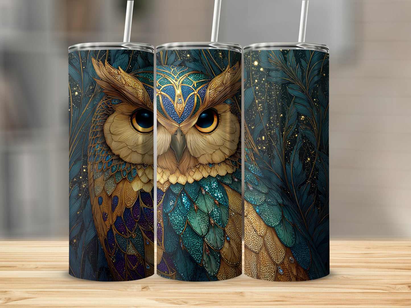 Intricate Owl Design Tumbler with Straw for Beverages