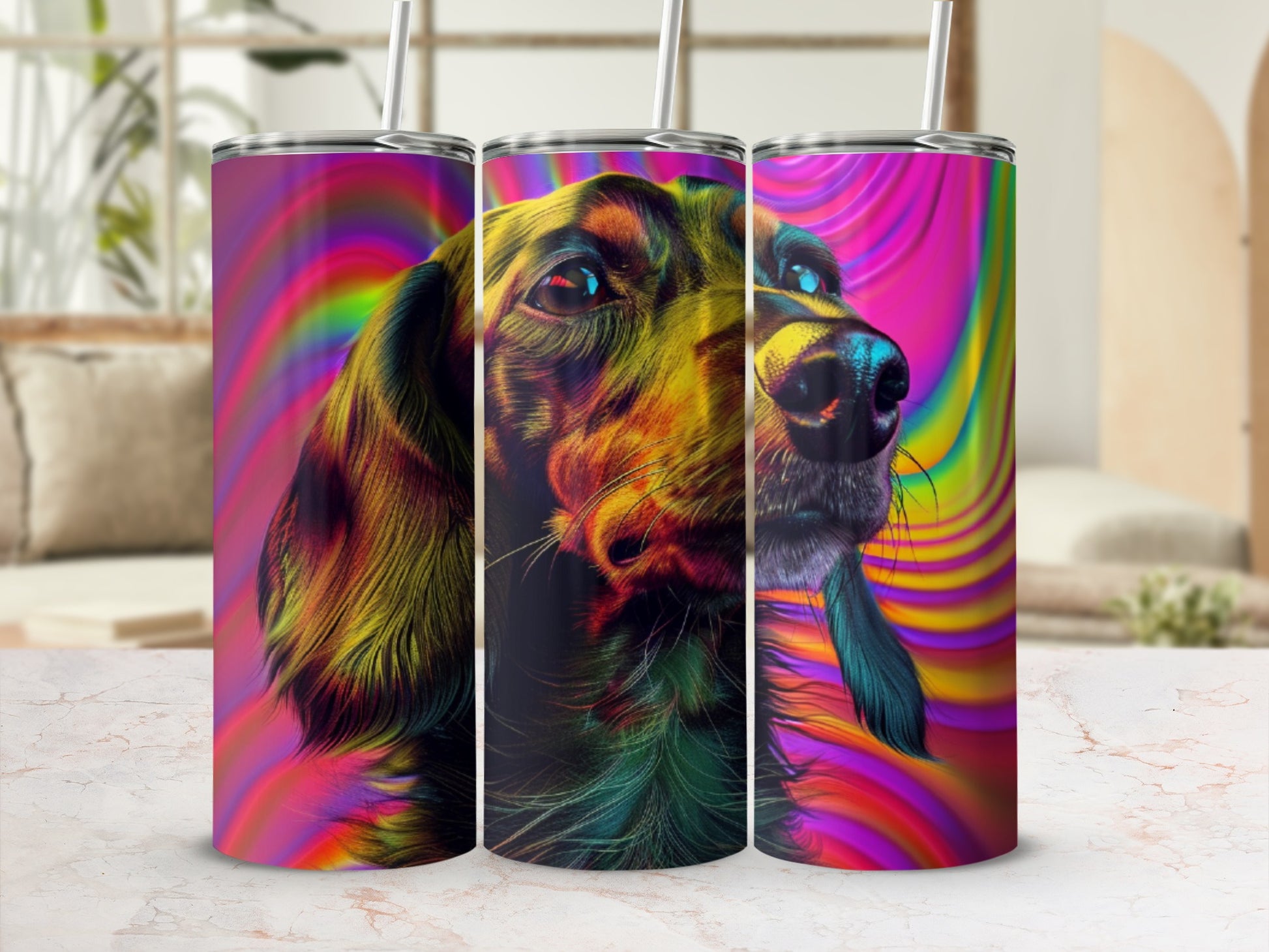 Triptych of a dog's face with vibrant, psychedelic swirl background.