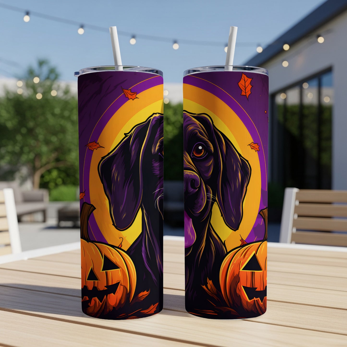 Two tumblers with a dark dog, pumpkins, and leaves on a Halloween theme.