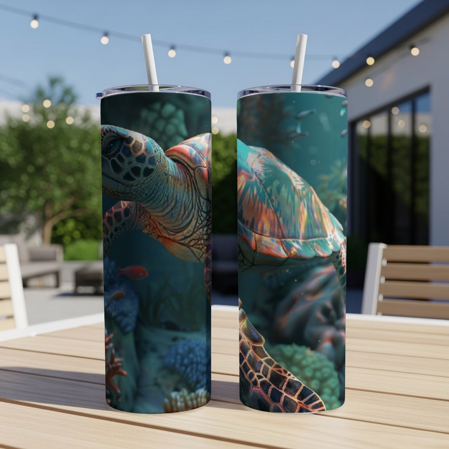 Two tumblers featuring a detailed sea turtle swimming among coral and fish.