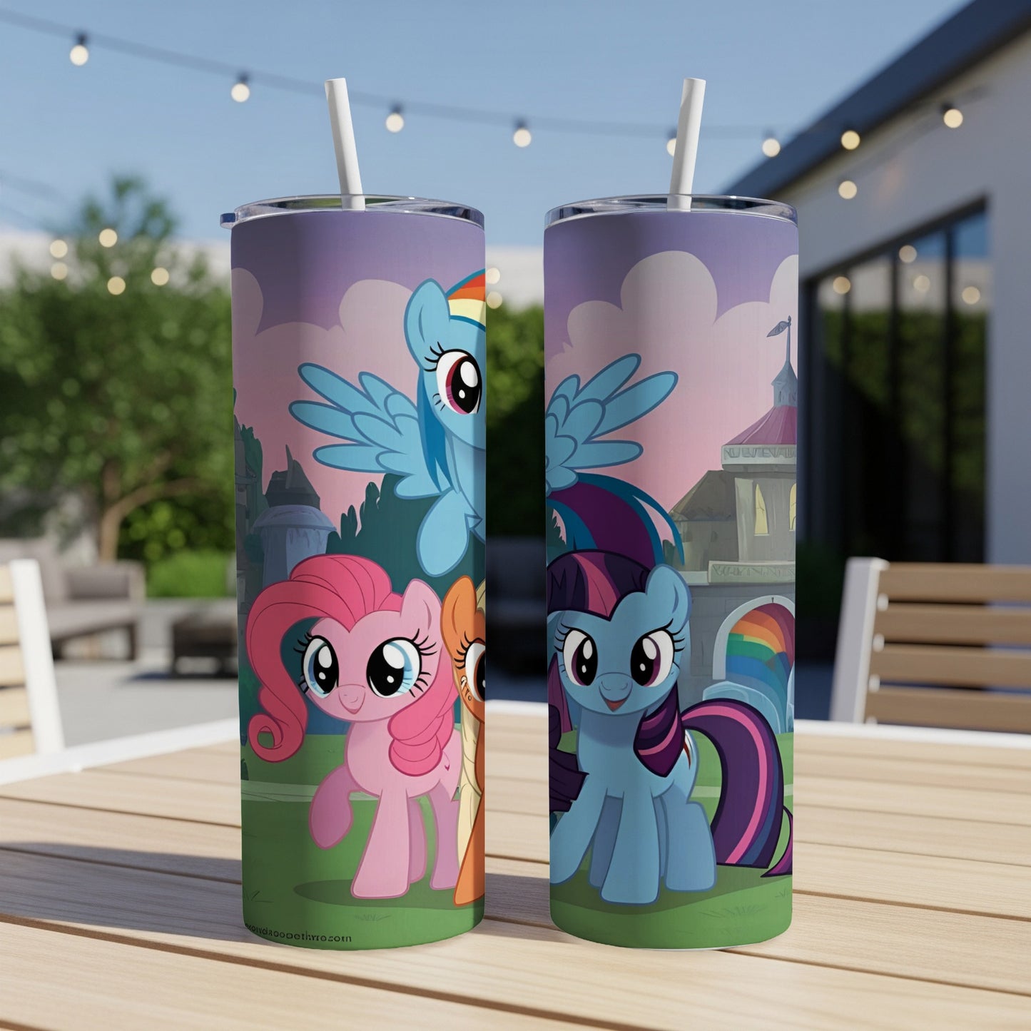 My Little Pony characters Pinkie Pie, Rainbow Dash, and Twilight Sparkle on a tumbler.