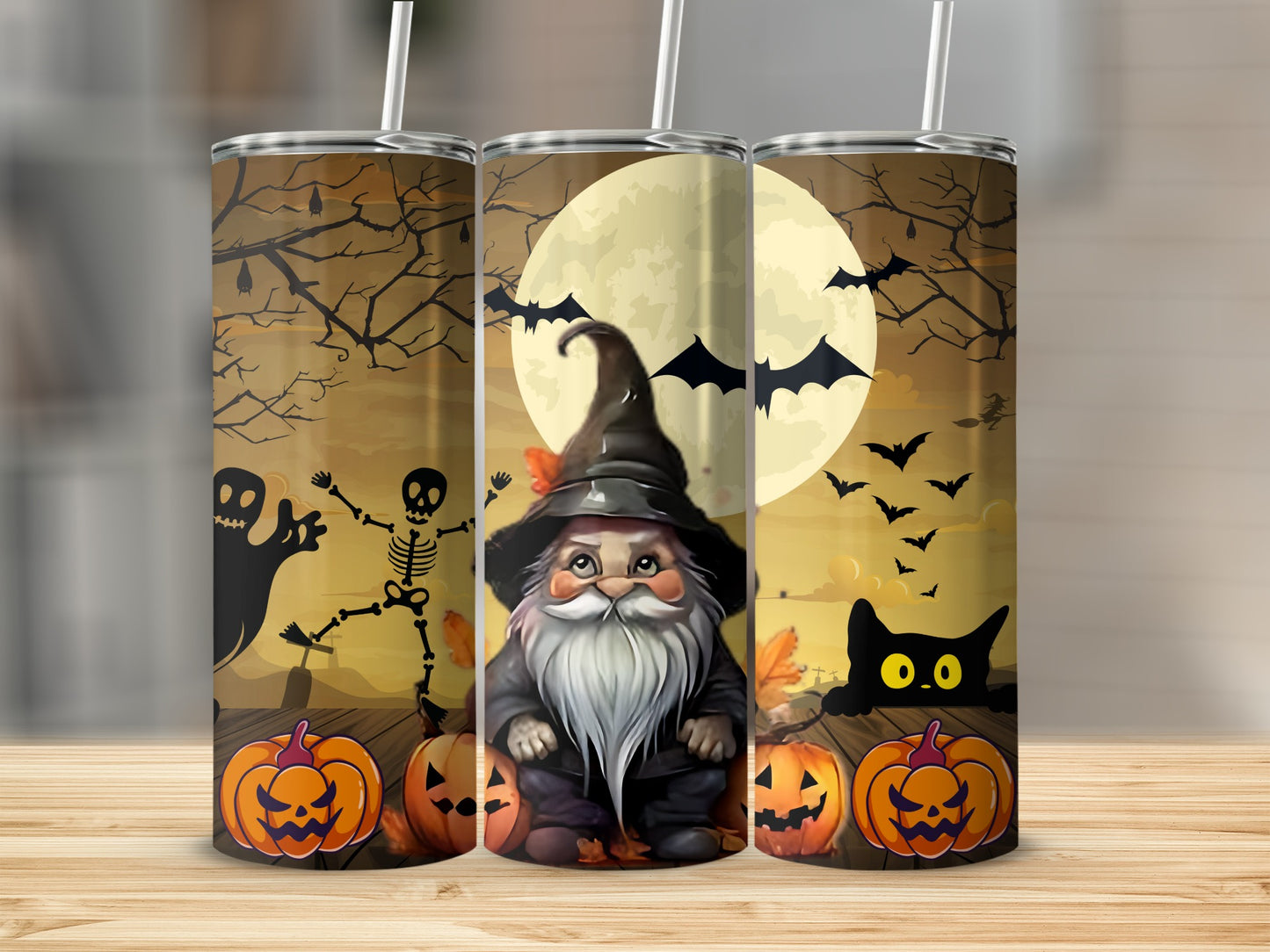 Halloween Themed Tumbler with Witch and Pumpkin Designs