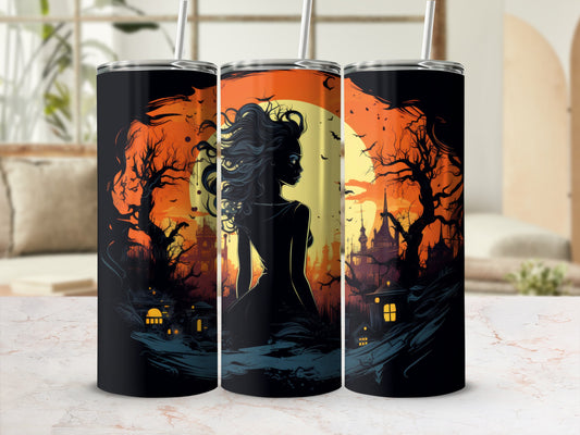 Three tumblers with a spooky Halloween scene featuring a silhouetted woman and haunted buildings.
