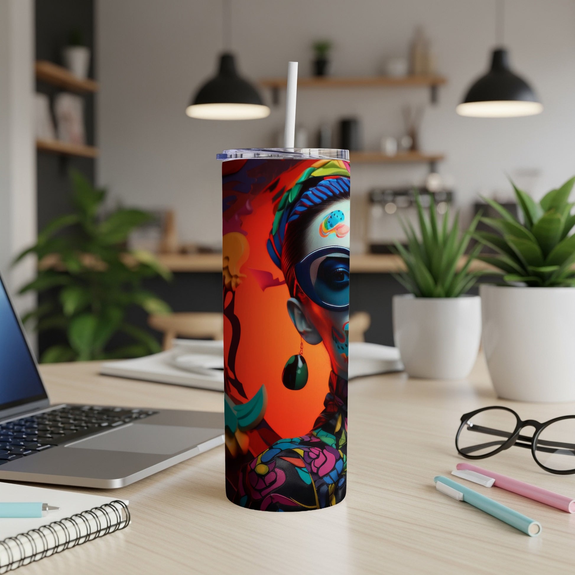 Tumbler with colorful abstract portrait design and straw in an office setting.