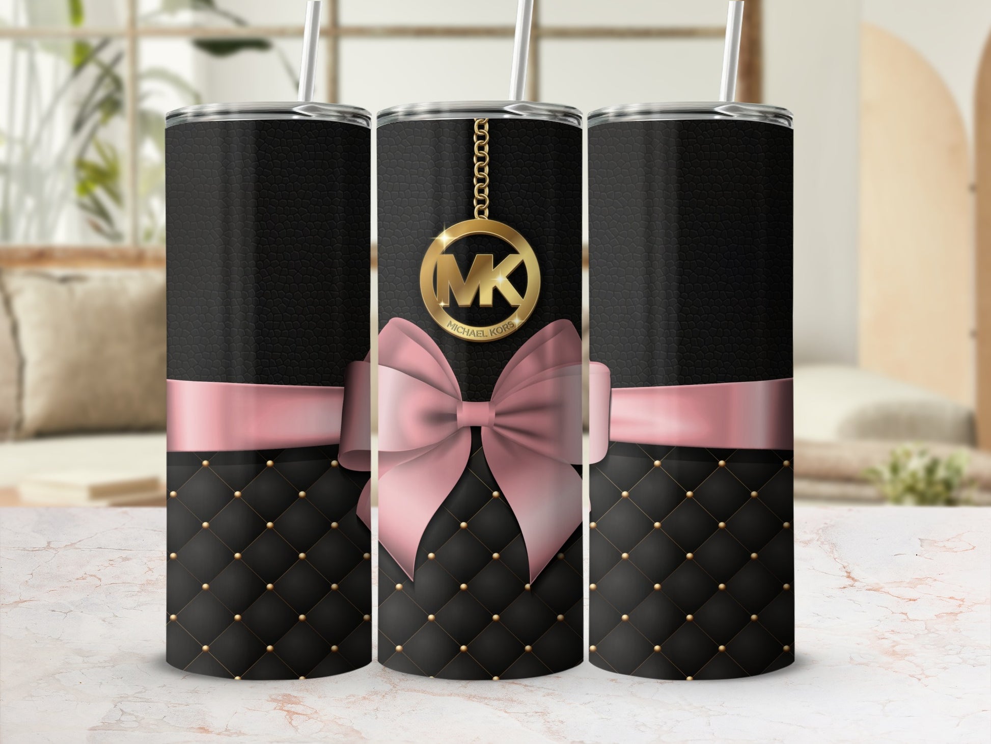 Elegant Pink Bow Quilted Pattern Tumbler with Straw