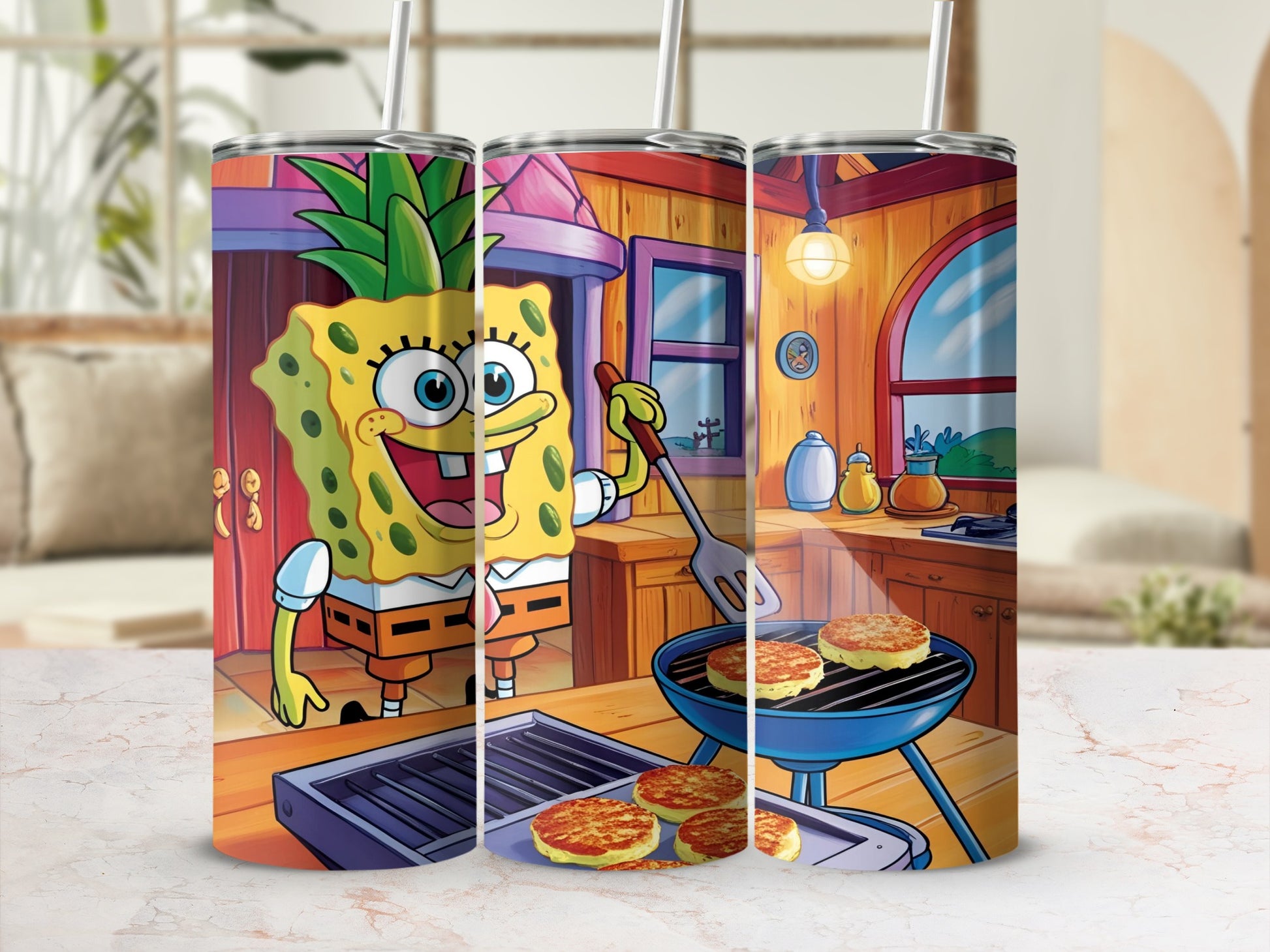 SpongeBob SquarePants grilling burgers on a grill in a kitchen.