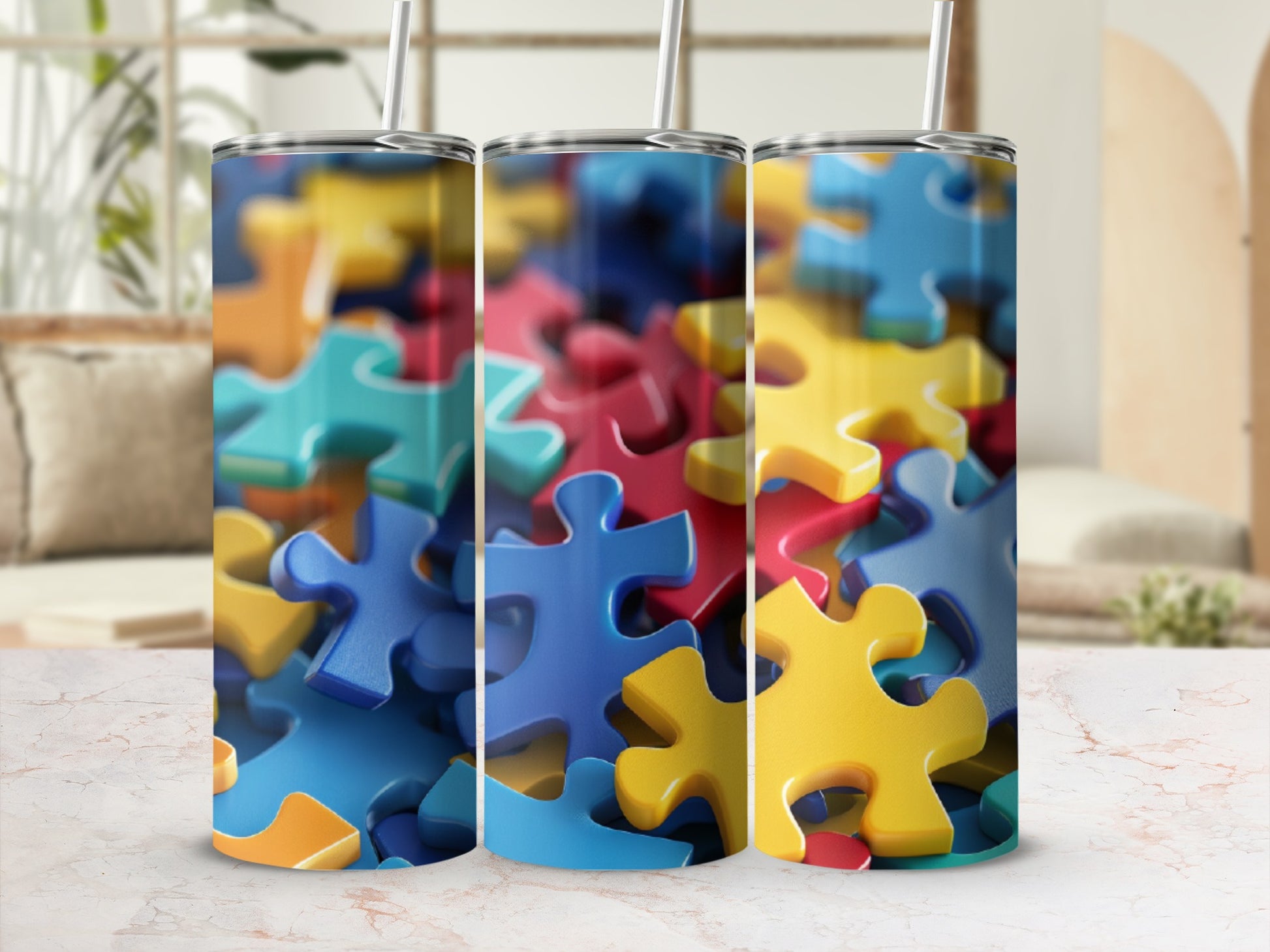Three tumblers with a colorful, scattered puzzle piece pattern.