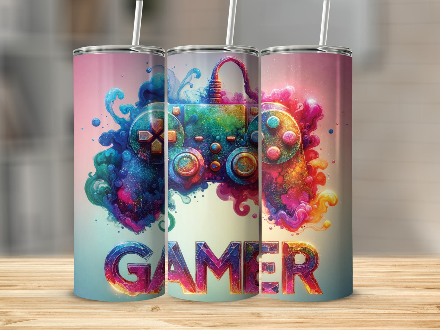 Gaming controller with colorful splashes and the word GAMER.