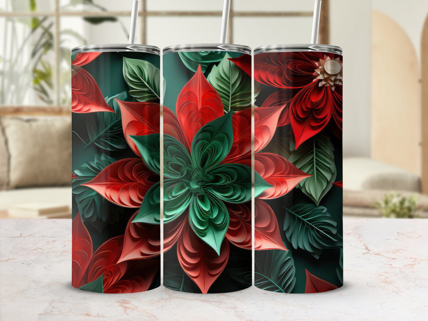 Three floral tumblers with red and green petals and leaves.