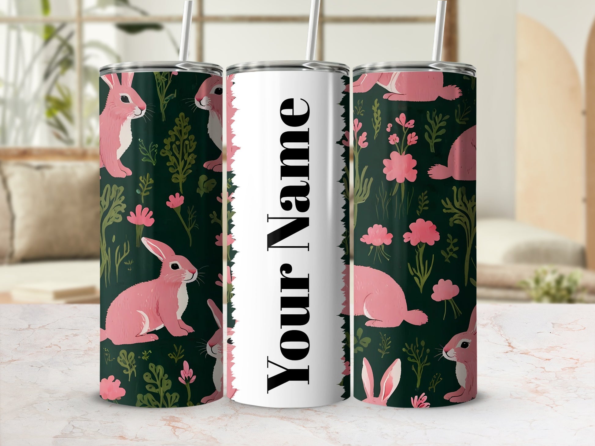 Personalized Pink Rabbit and Flowers Design Tumbler