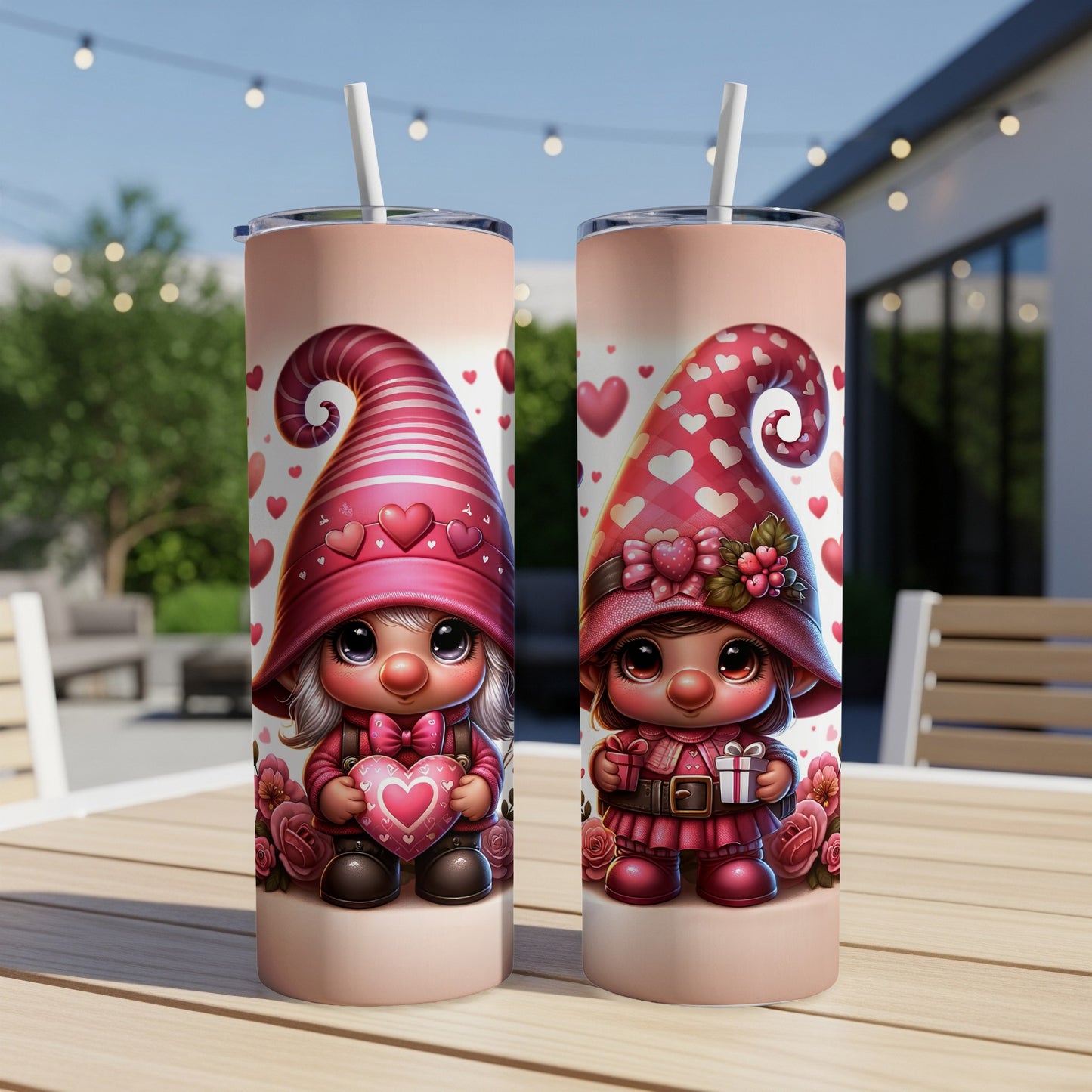 Two Valentine's gnomes with hearts, holding gifts on a table.